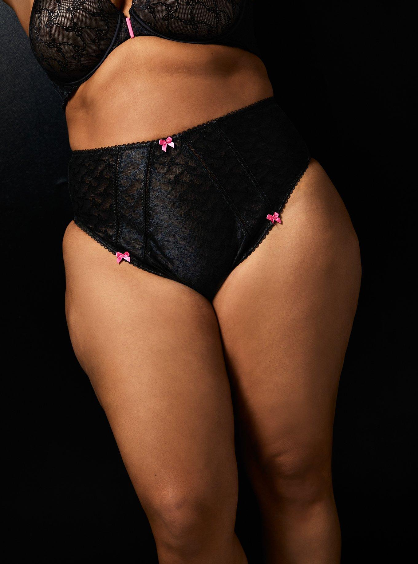 Plus Size Betsey Johnson Black Bow lace Lace-Up Back High Waist Panty , RICH BLACK, alternate