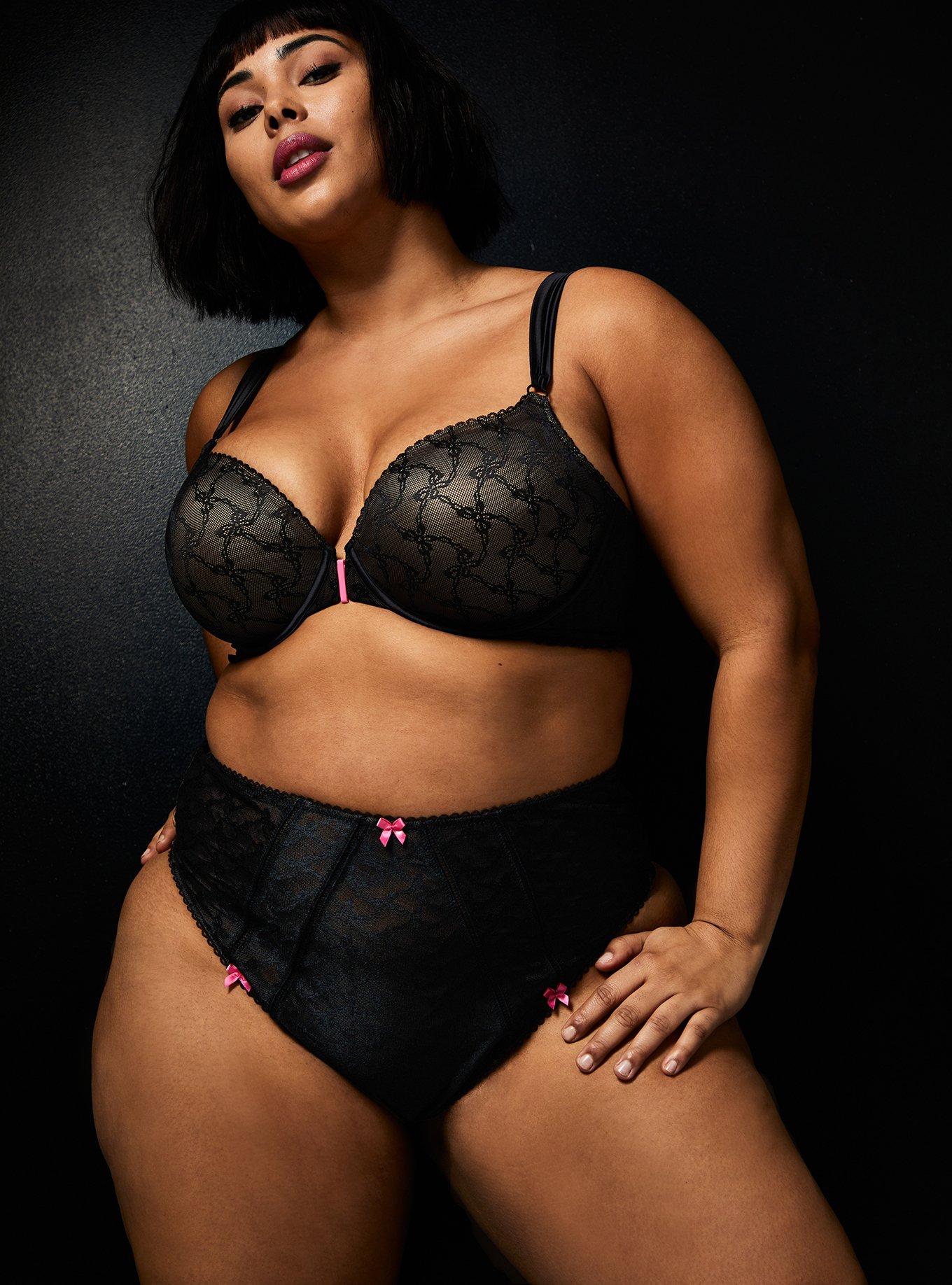 Plus Size Betsey Johnson Black Bow lace Lace-Up Back High Waist Panty , RICH BLACK, alternate