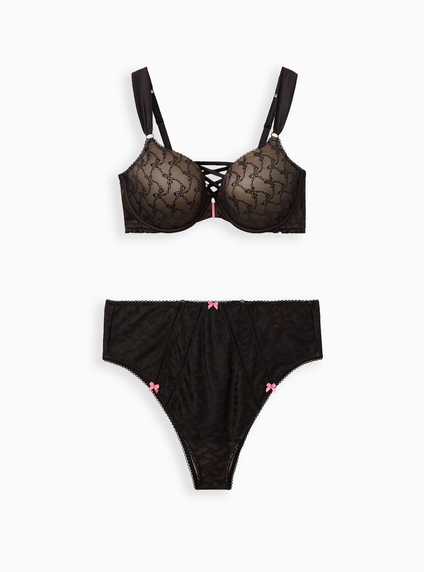 Plus Size Betsey Johnson Black Bow lace Lace-Up Back High Waist Panty , RICH BLACK, alternate