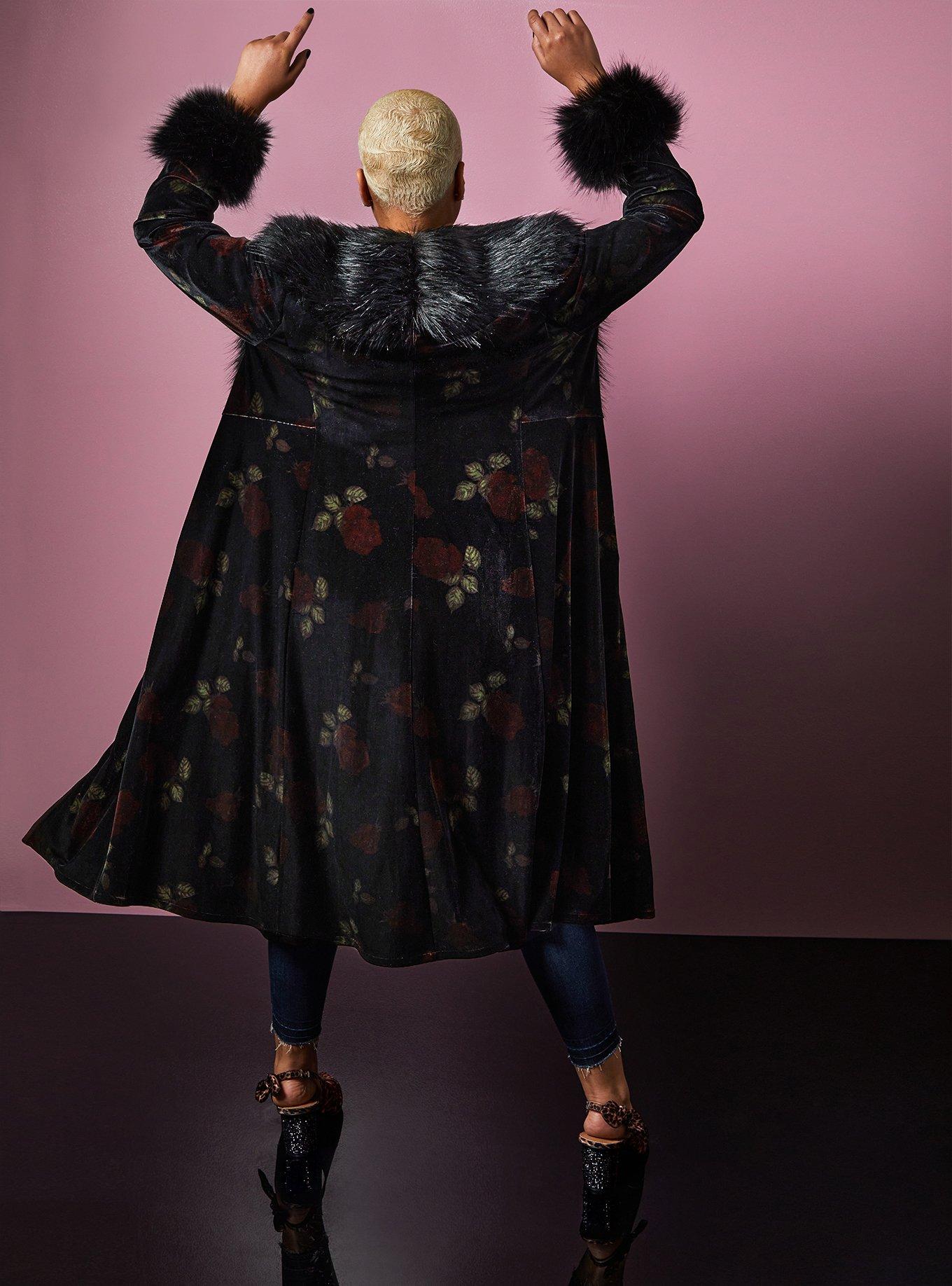 Plus Size - Betsey Johnson Black Velvet Floral Faux Fur Trim Longline Coat  - Torrid