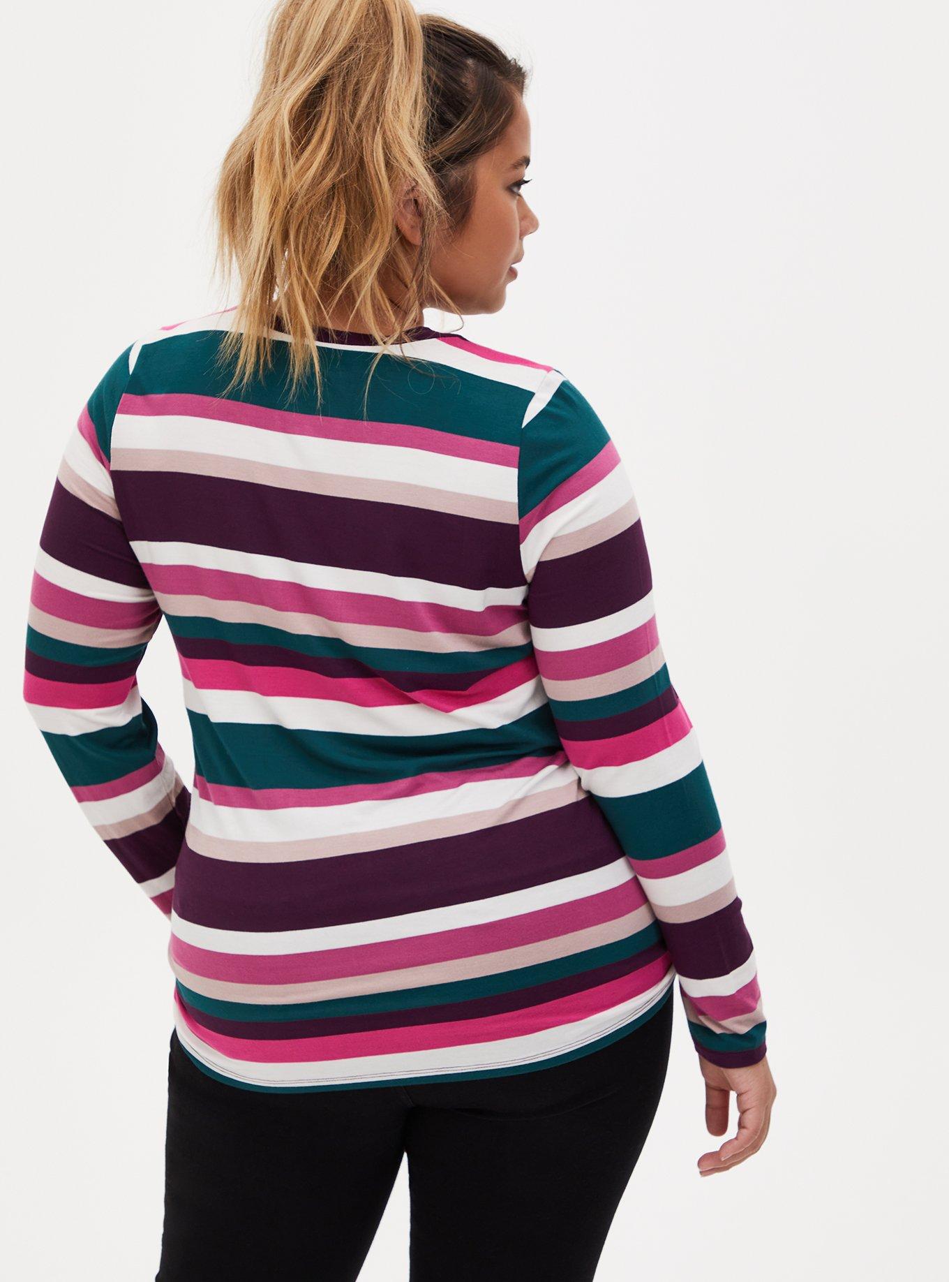 Large Size Crew Neck Stripe Detailed Long Sleeve Women's