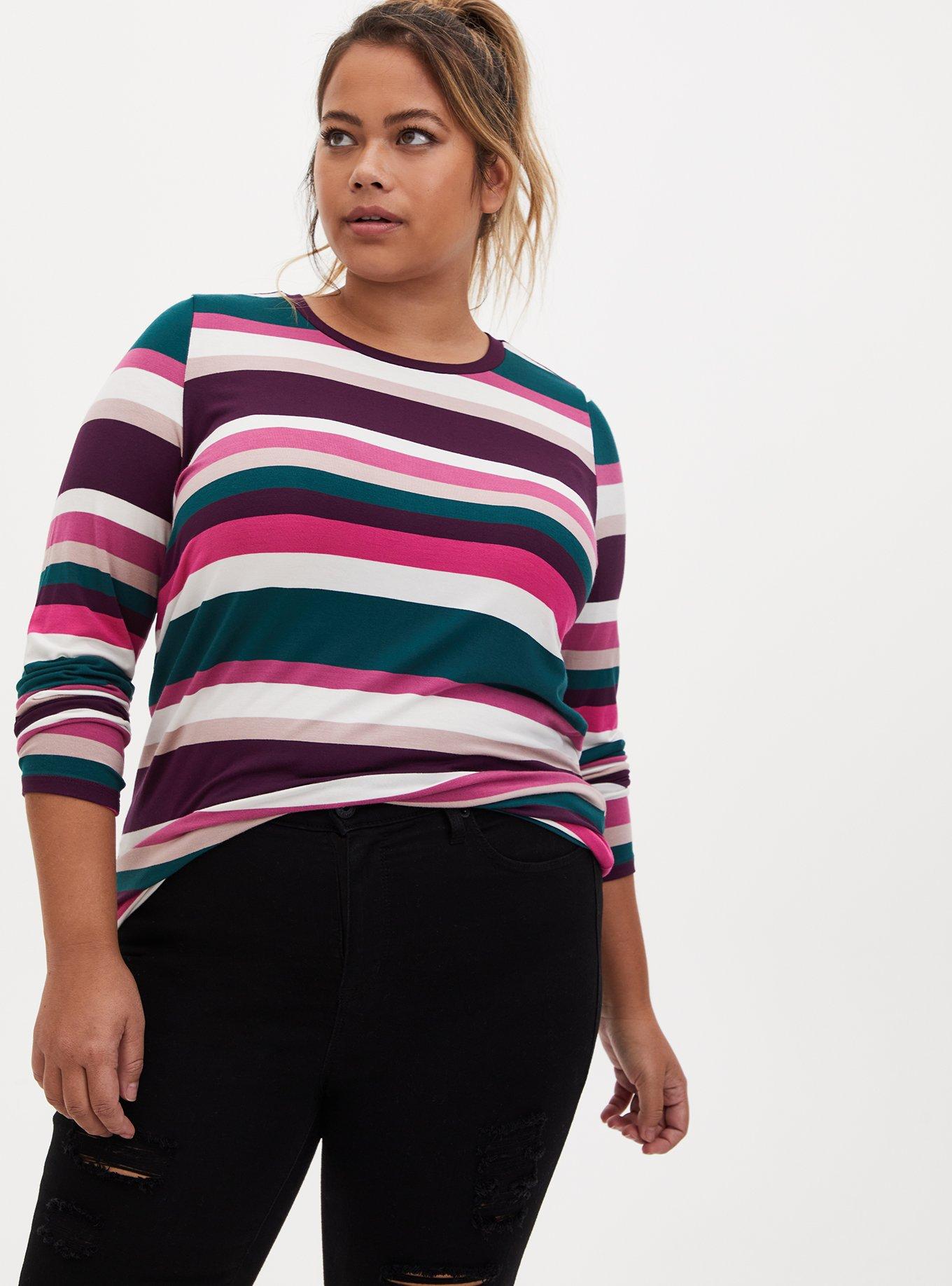 Plus Size Super Soft Multi Stripe Long Sleeve Tee, , hi-res