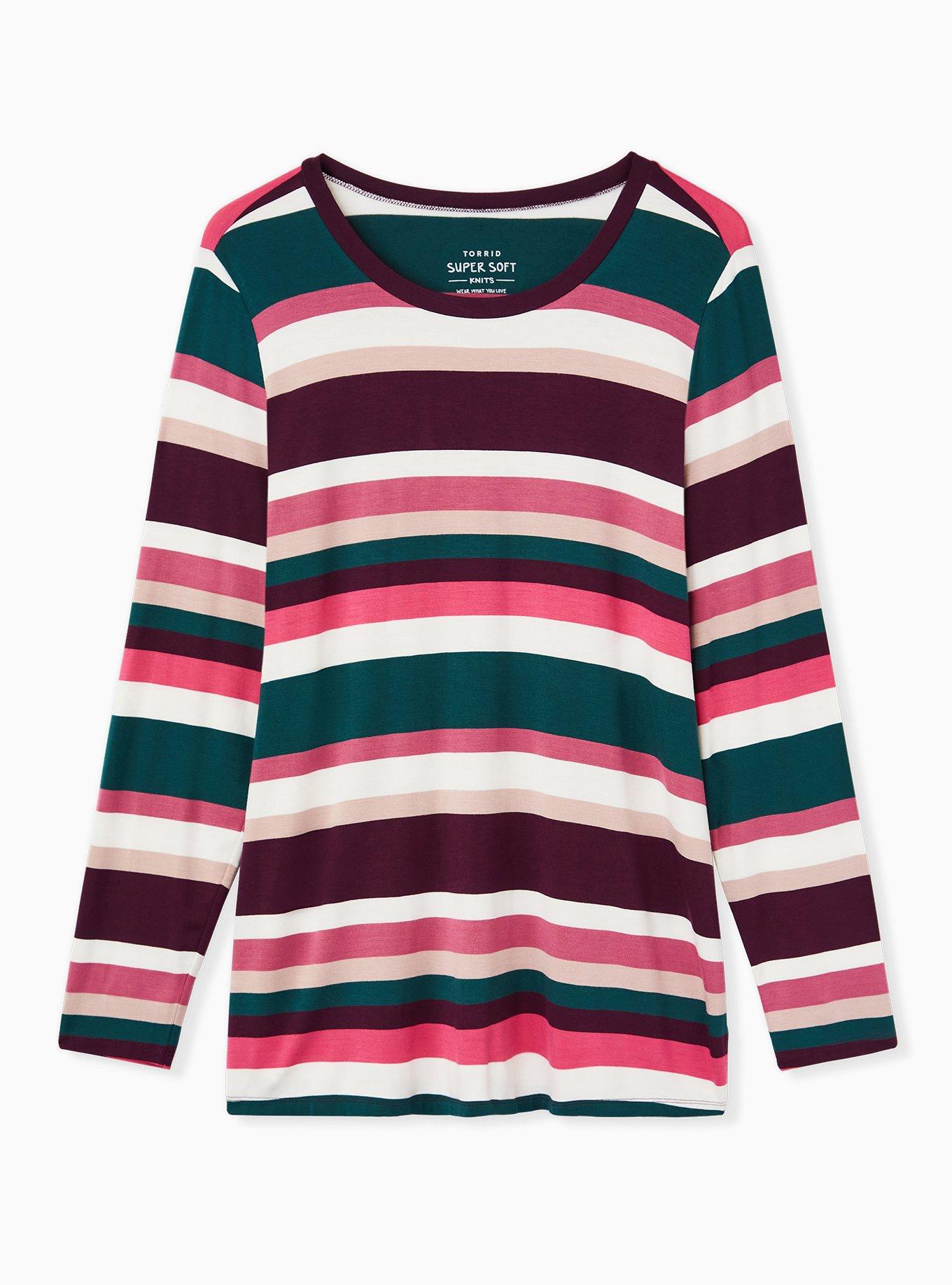 Plus Size Super Soft Multi Stripe Long Sleeve Tee, , hi-res