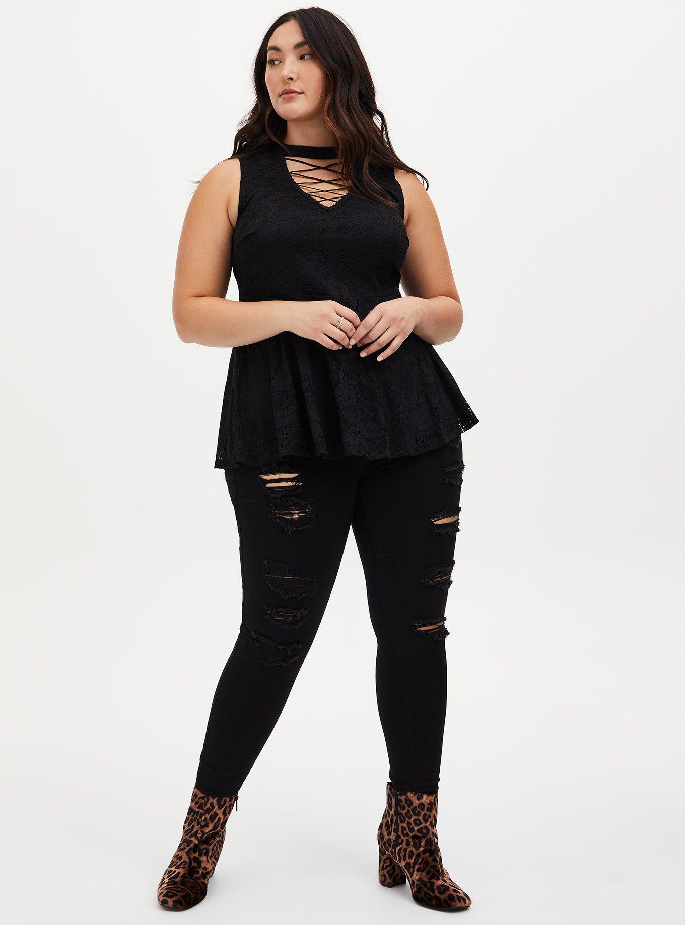 Black Lace Lattice Peplum Sleeveless Top, DEEP BLACK, alternate