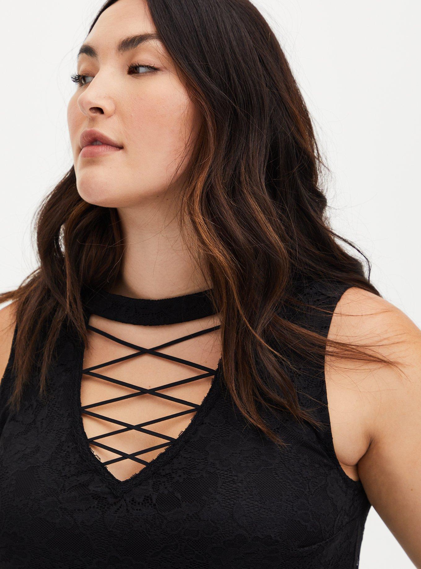 Black Lace Lattice Peplum Sleeveless Top, DEEP BLACK, alternate