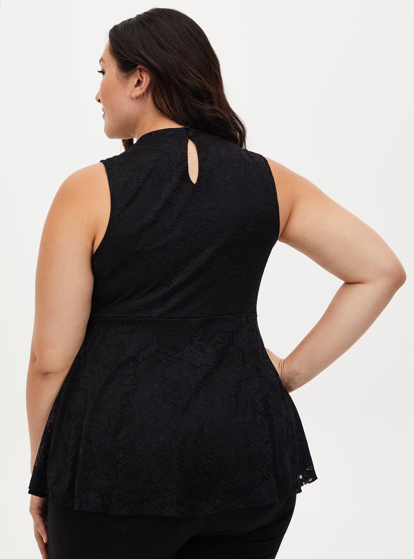 Black Lace Lattice Peplum Sleeveless Top, DEEP BLACK, alternate