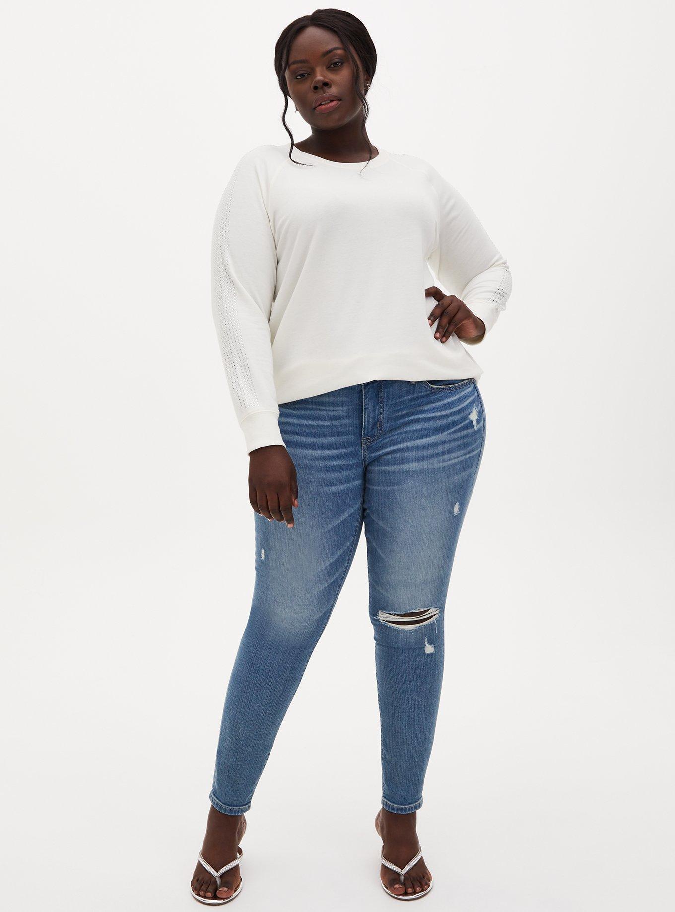 Plus Size White Fleece Rhinestone Raglan Sweatshirt, MARSHMALLOW, alternate