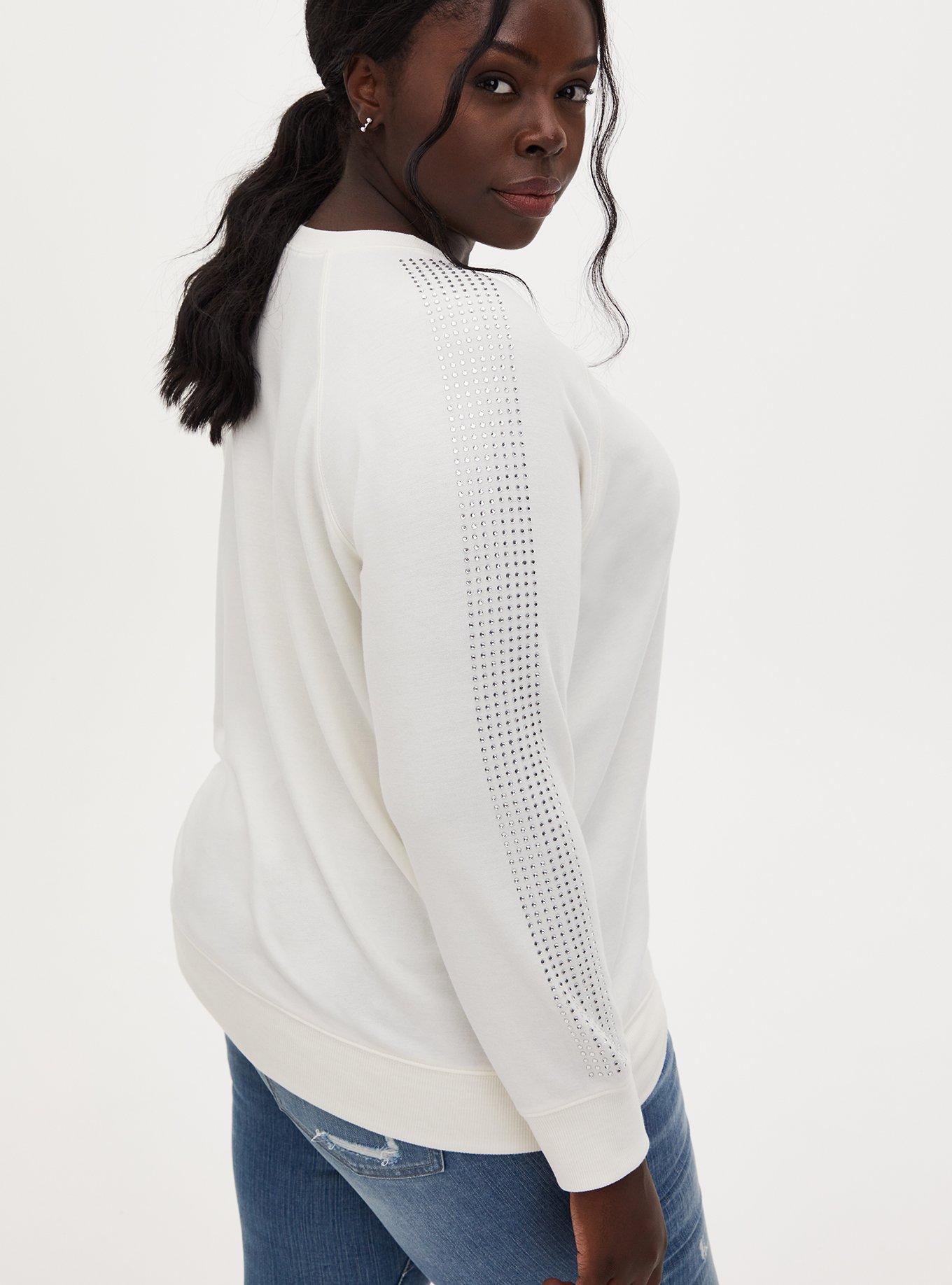 Plus Size White Fleece Rhinestone Raglan Sweatshirt, MARSHMALLOW, alternate