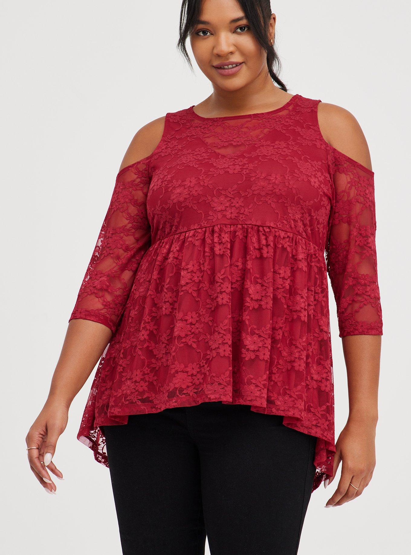 Plus Size - Babydoll Stretch Lace Cold Shoulder Top - Torrid