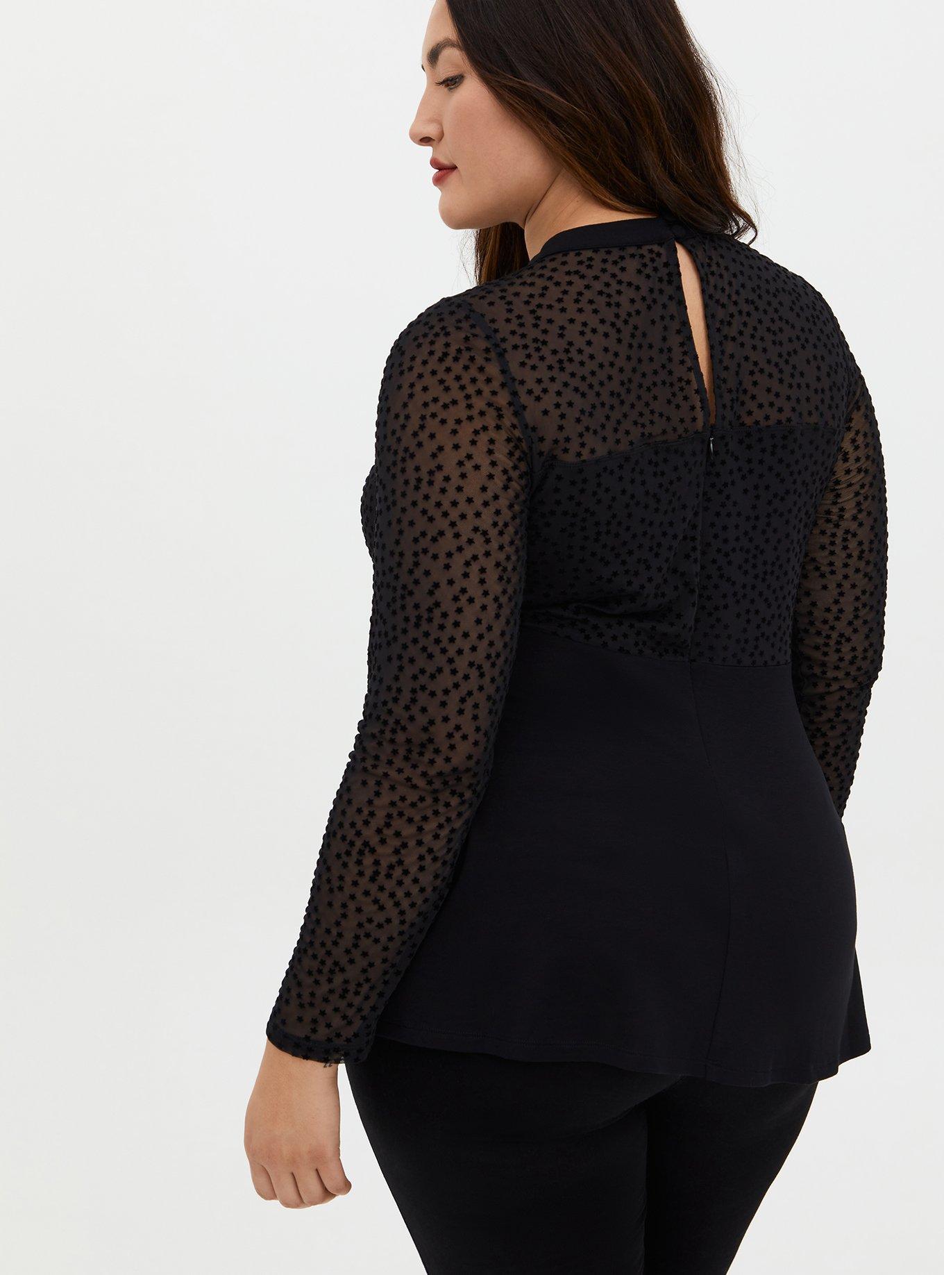 Plus Size Black Star Mesh & Premium Ponte Peplum Top, DEEP BLACK, alternate