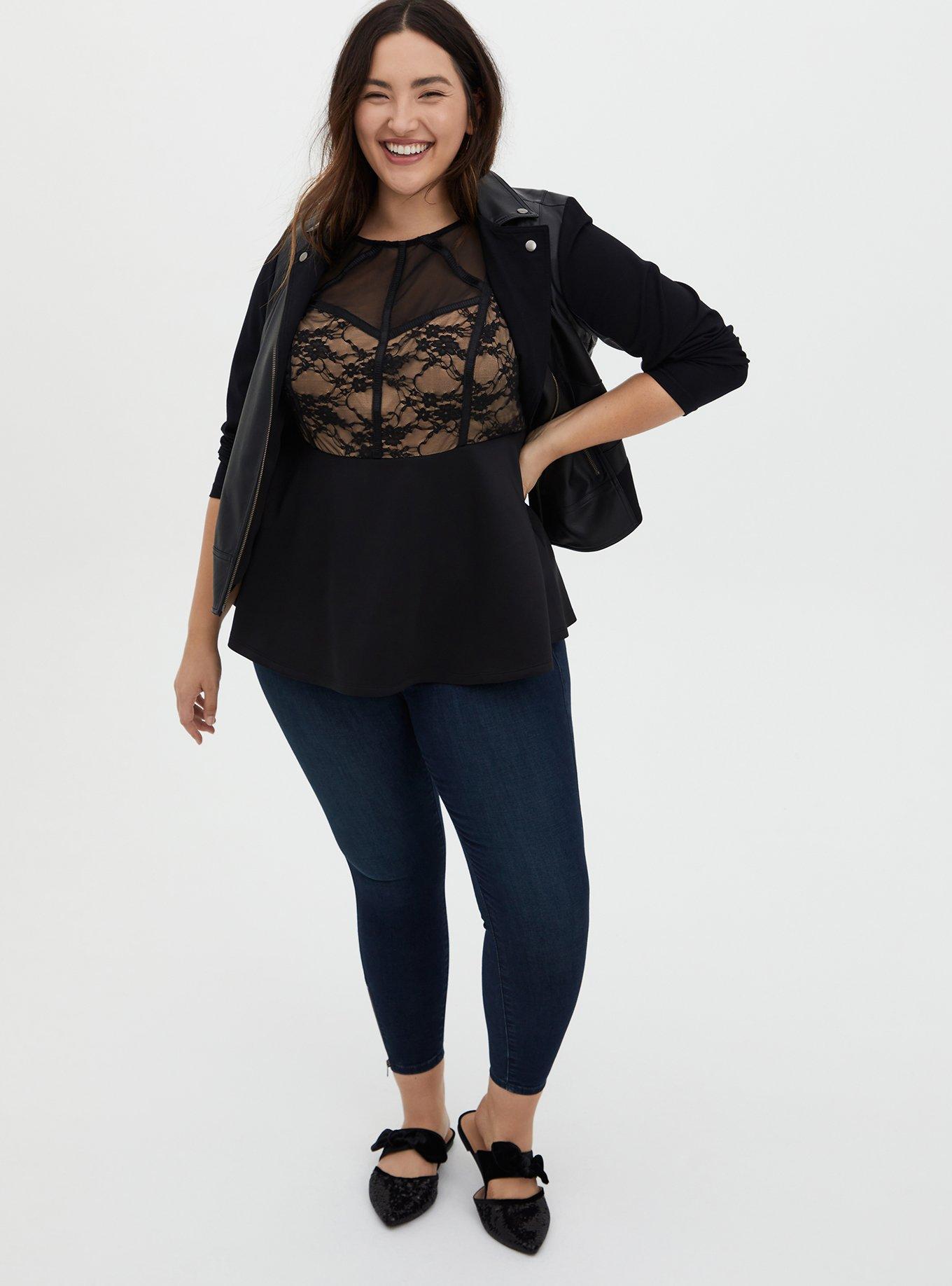Plus Size Black Scuba Knit & Lace Corset Peplum Top, DEEP BLACK, alternate