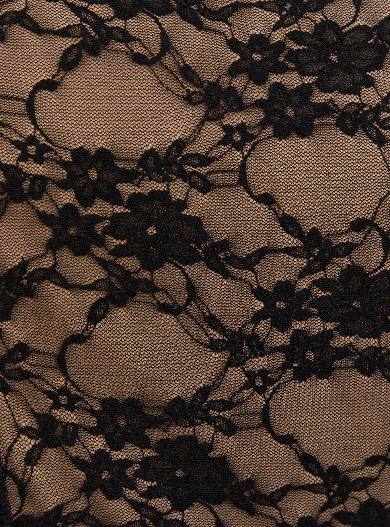 Plus Size Black Scuba Knit & Lace Corset Peplum Top, DEEP BLACK, alternate