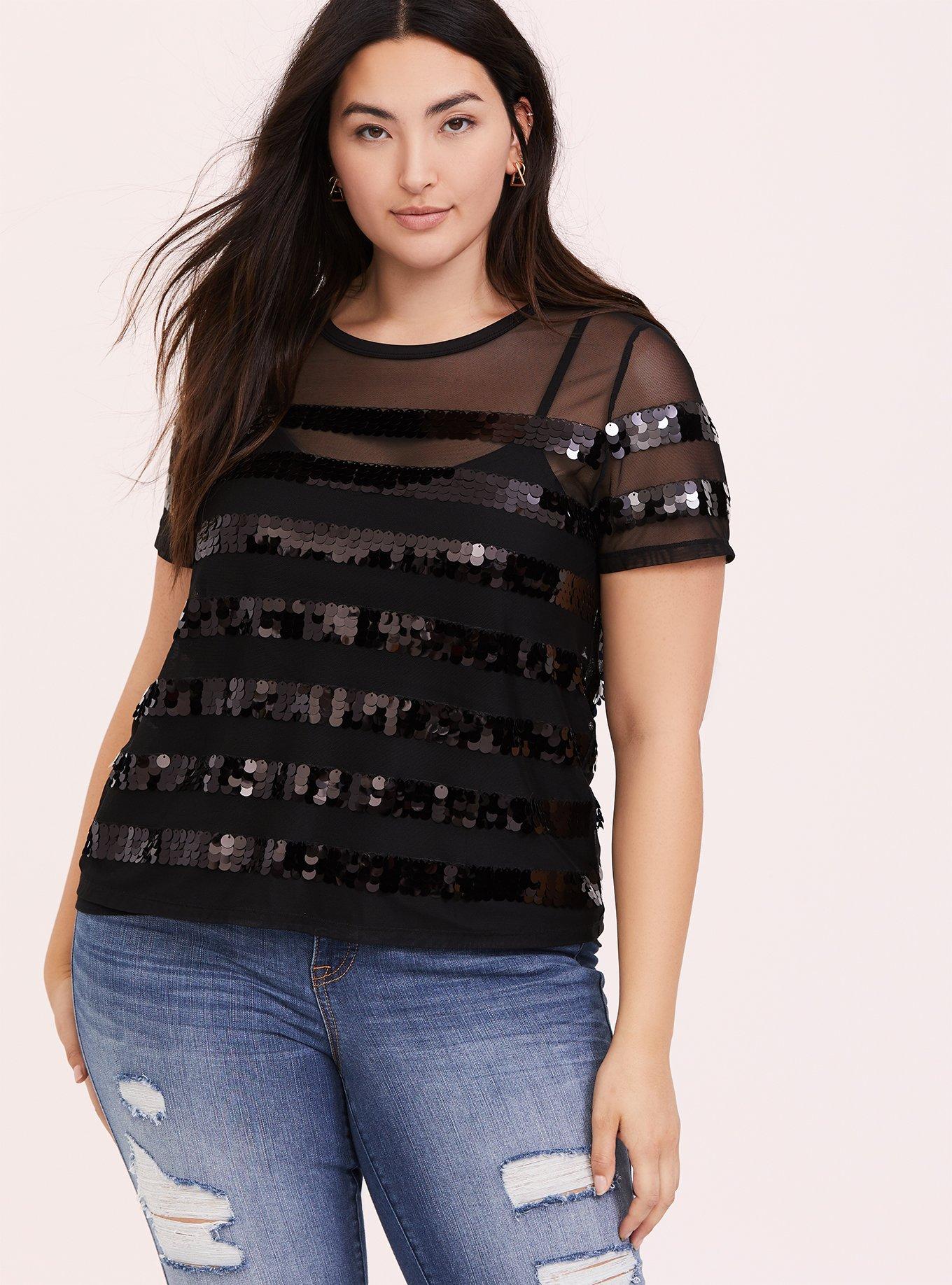Plus Size Sheer Mesh Stripe Sequin Crew Neck Tee, STRIPE, alternate