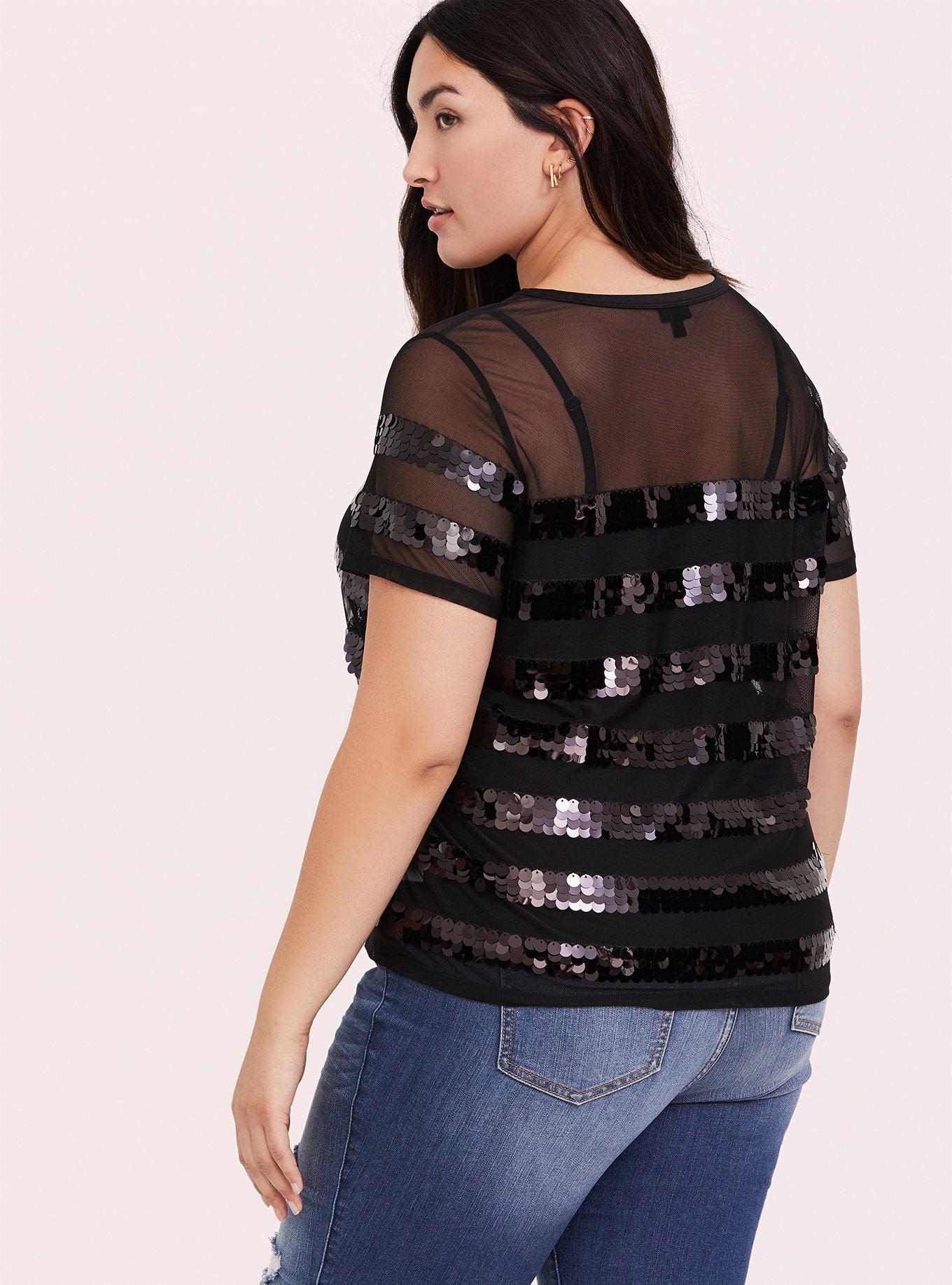 Plus Size Sheer Mesh Stripe Sequin Crew Neck Tee, STRIPE, alternate