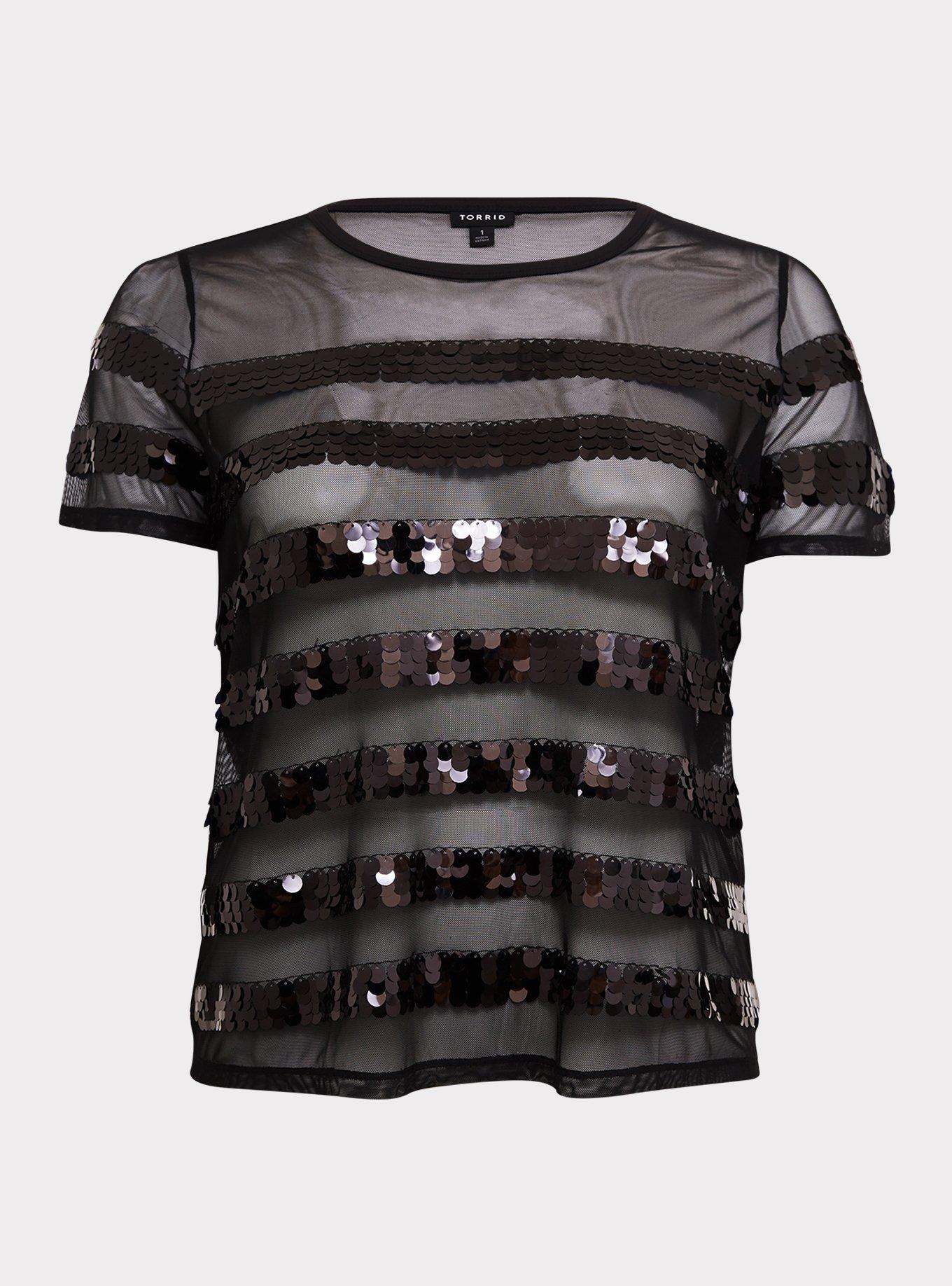 Plus Size Sheer Mesh Stripe Sequin Crew Neck Tee, STRIPE, hi-res