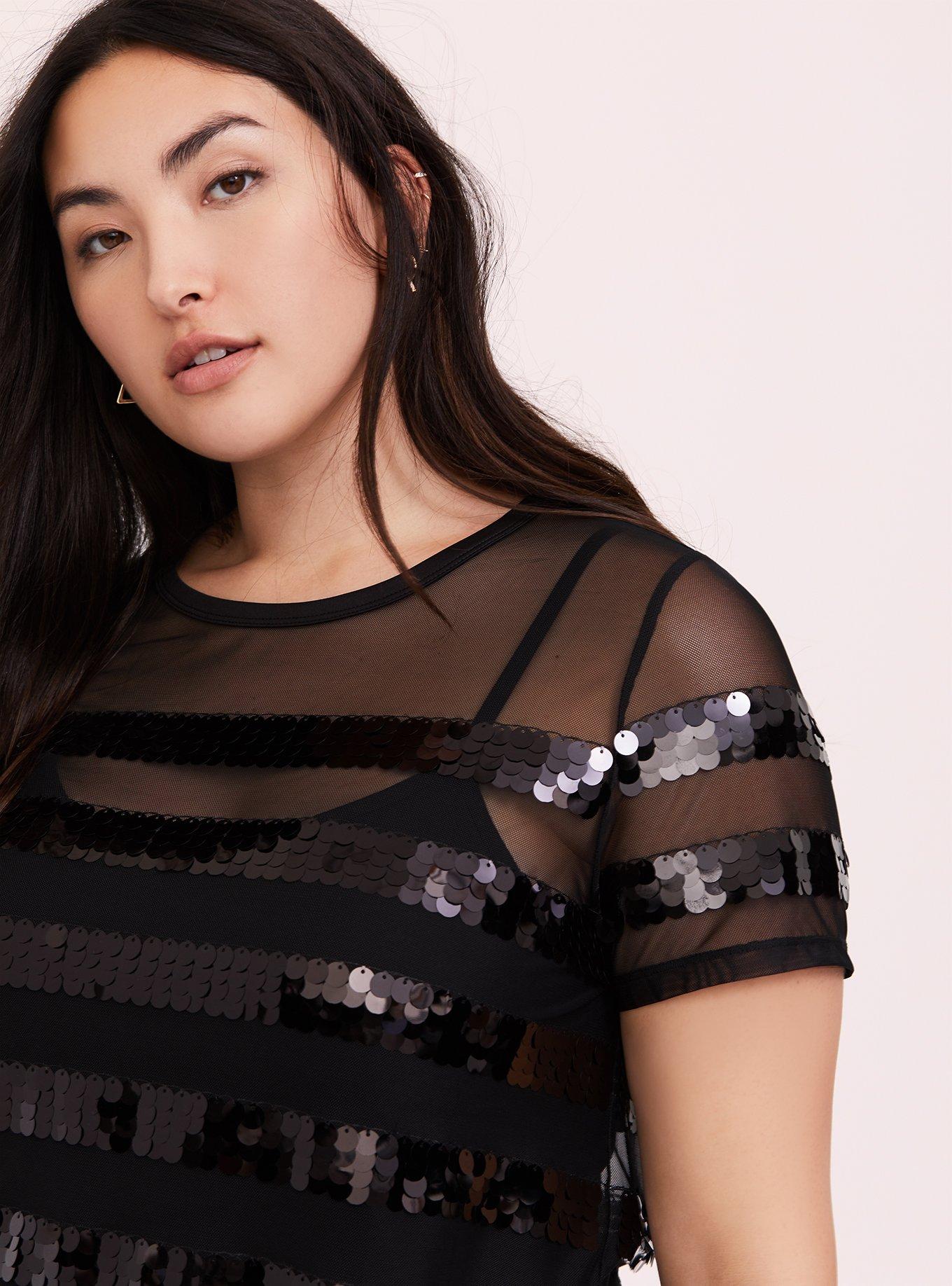 Plus Size Sheer Mesh Stripe Sequin Crew Neck Tee, STRIPE, hi-res