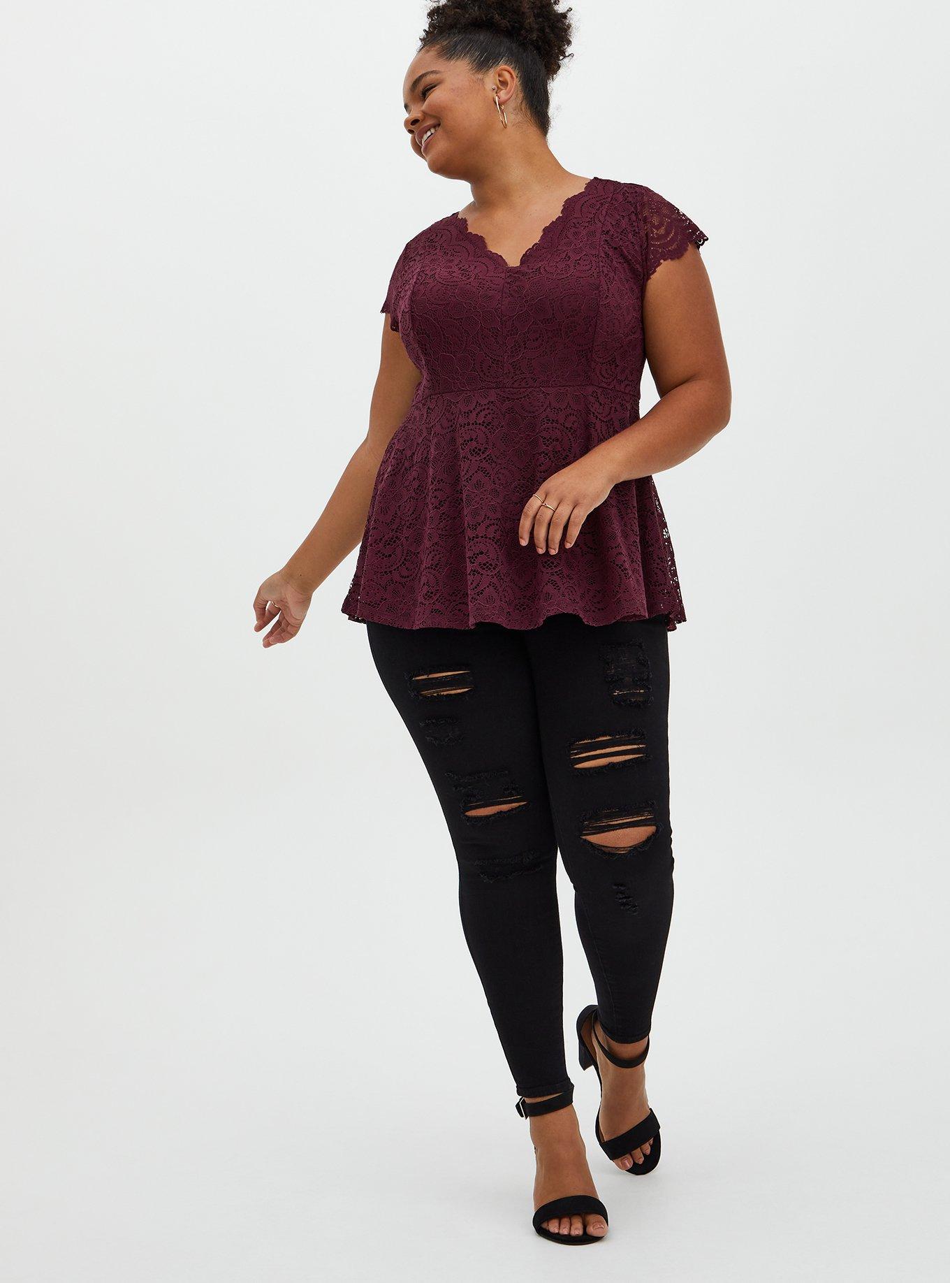 Scalloped Lace V-Neck Short Sleeves Insert Tee Top Burgundy S by
