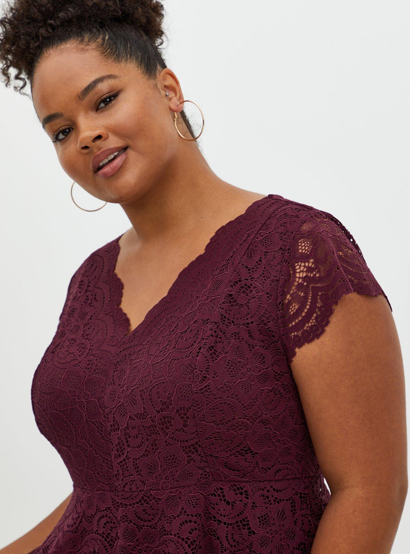 Lace V-Neck Peplum Top, WINETASTING, alternate