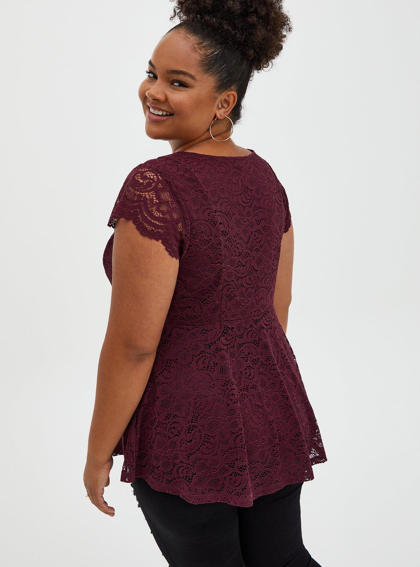 Lace V-Neck Peplum Top, WINETASTING, alternate