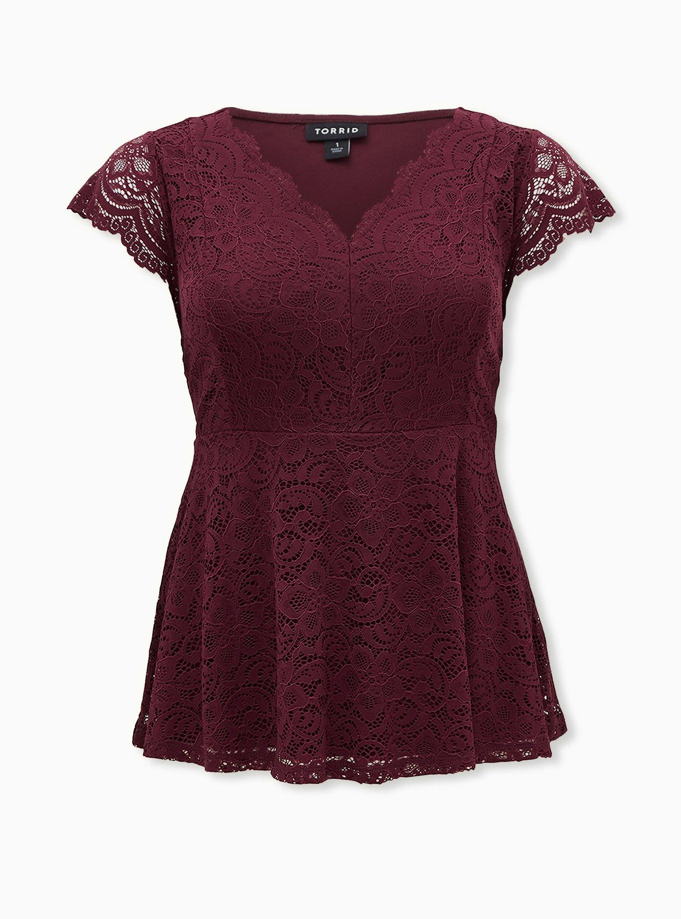 Lace V-Neck Peplum Top, WINETASTING, hi-res
