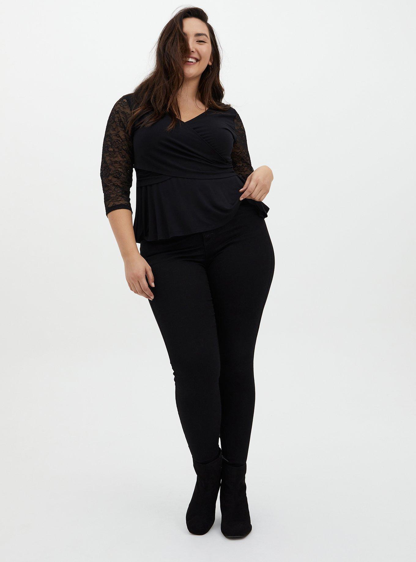 Lace Surplice Peplum Crop Top, DEEP BLACK, alternate