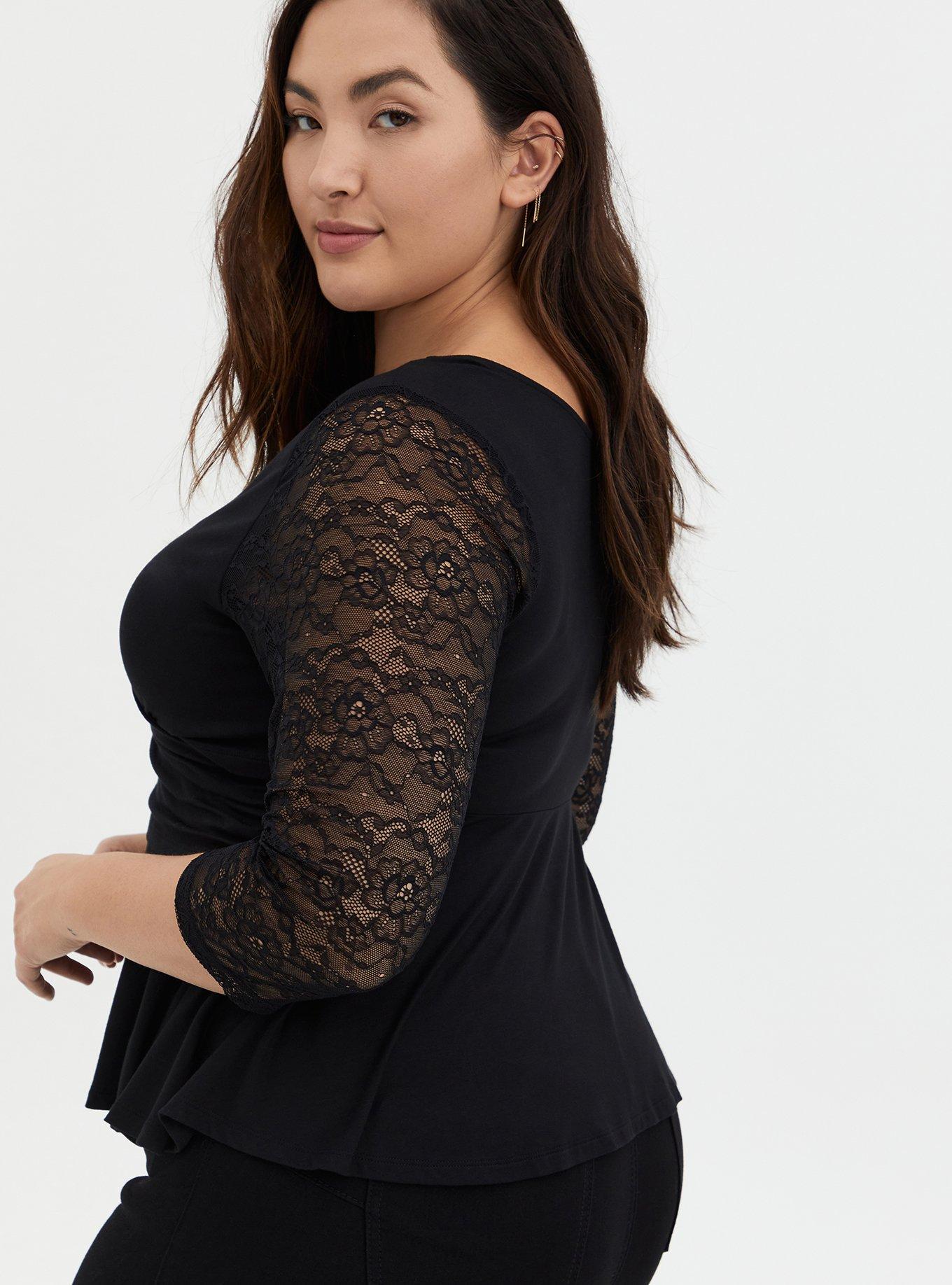 Lace Surplice Peplum Crop Top, DEEP BLACK, alternate