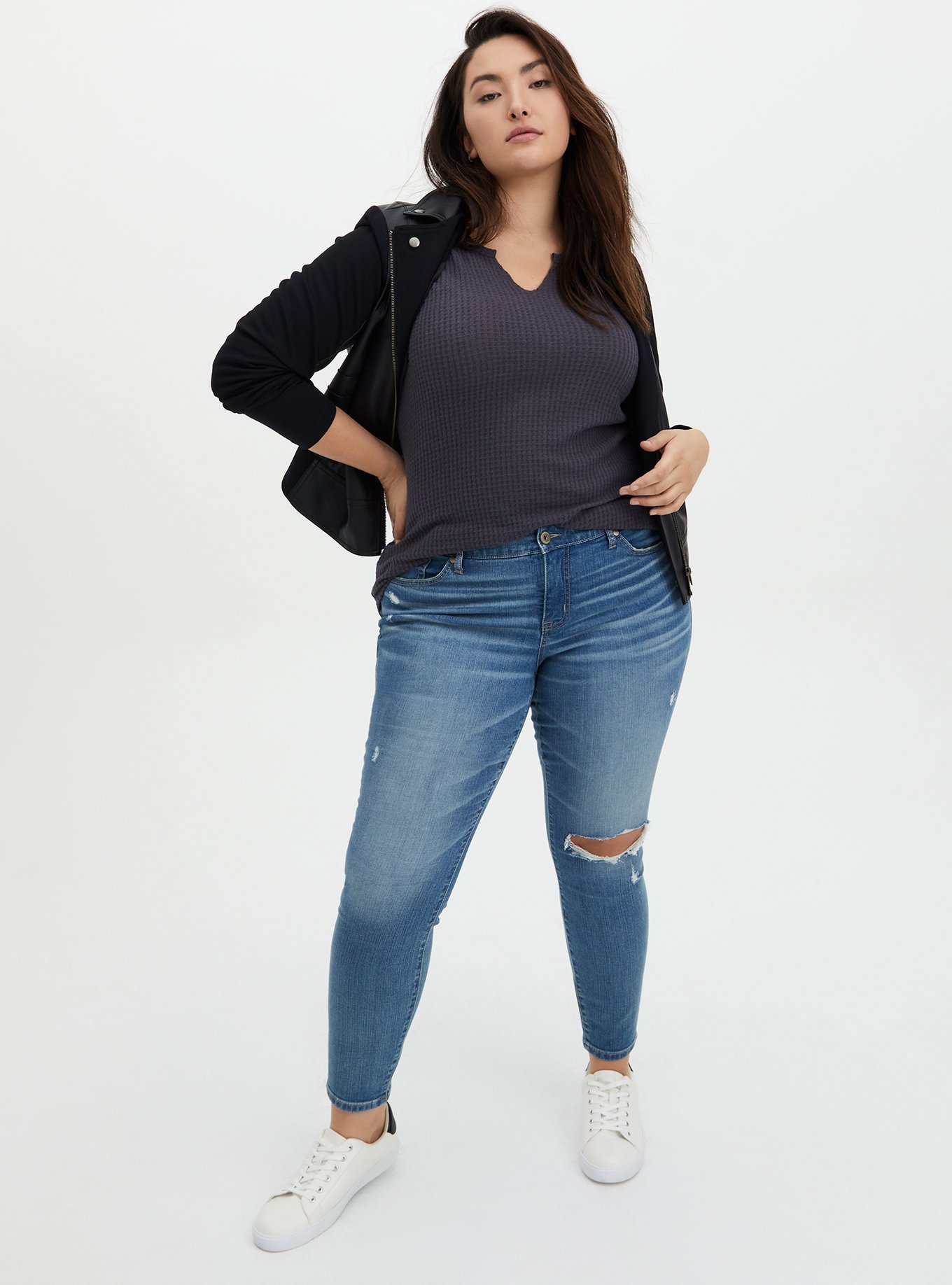 Plus Size - Brushed Waffle Notch Neck Long Sleeve Tee - Torrid