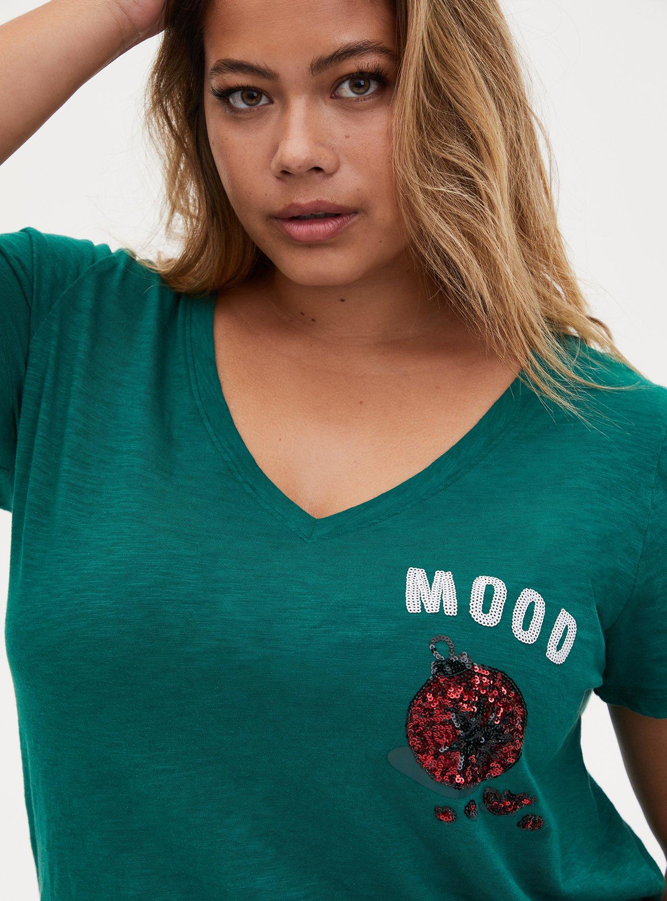 Plus Size - Mood Sequin Classic Fit V-Neck Tee - Green - Torrid