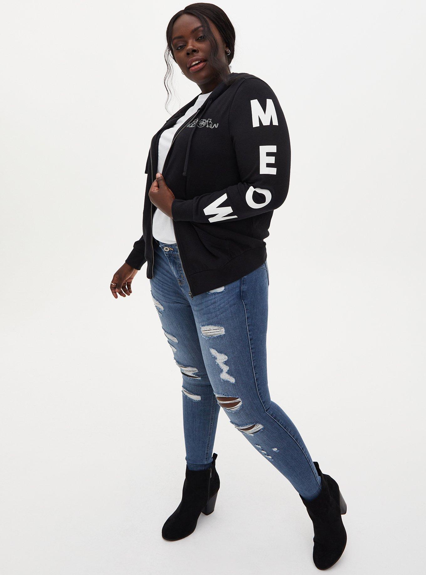 Plus Size Black Fleece Knit Meow Sleeve Graphic Hoodie, CHARCOAL GREY, alternate