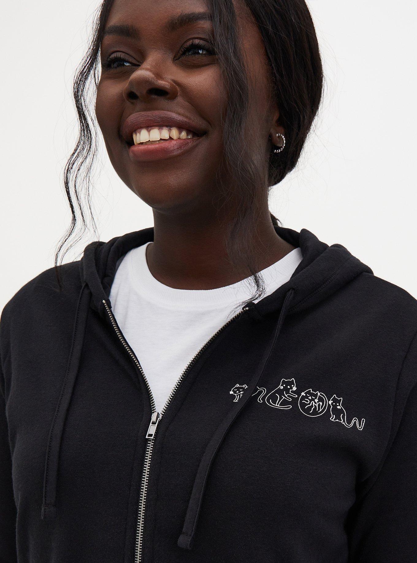 Plus Size Black Fleece Knit Meow Sleeve Graphic Hoodie, CHARCOAL GREY, alternate