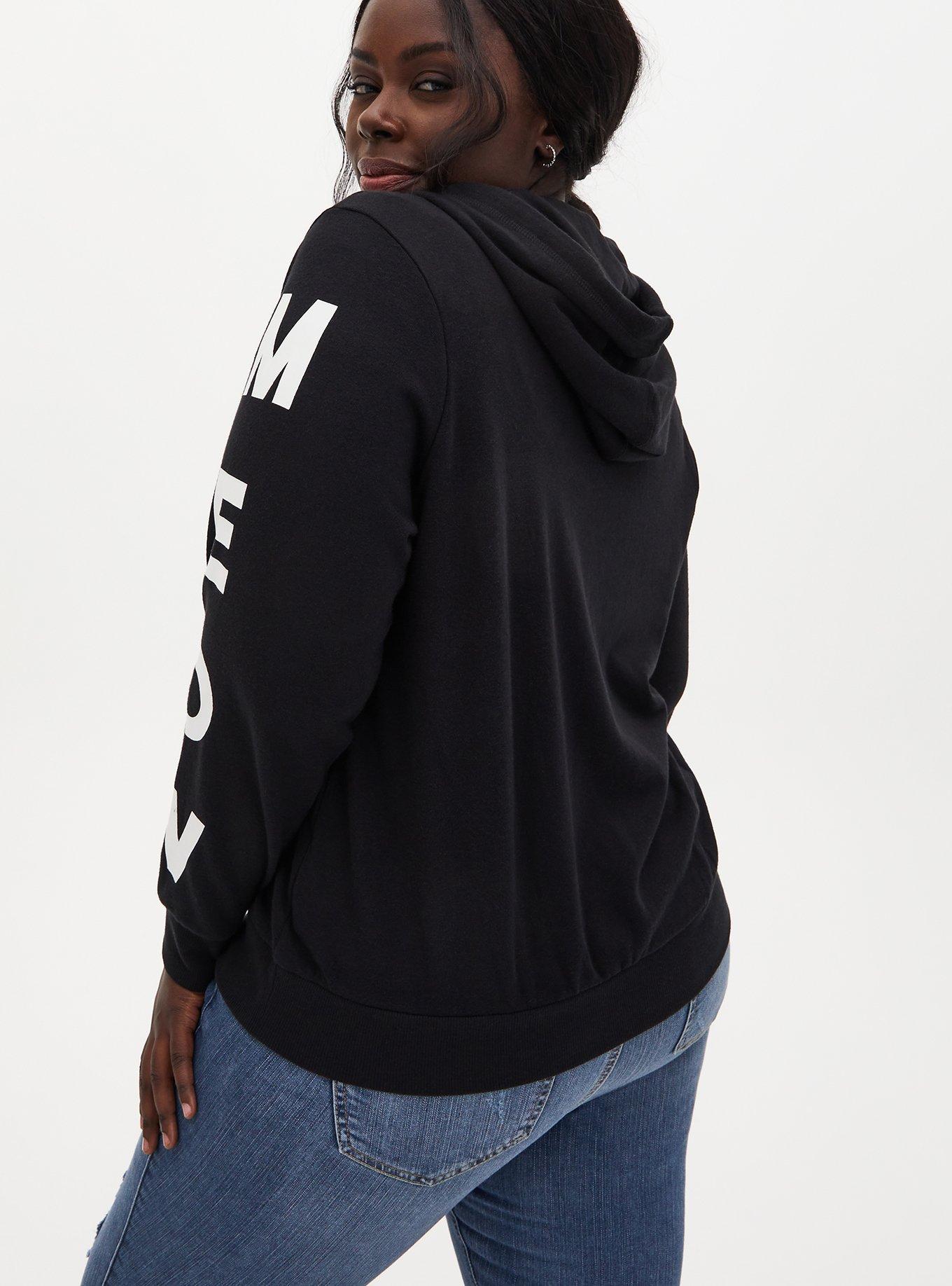 Plus Size Black Fleece Knit Meow Sleeve Graphic Hoodie, CHARCOAL GREY, alternate