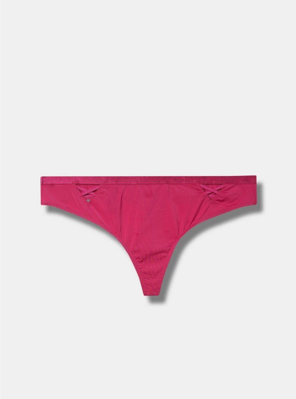 Plus Size Microfiber Lattice Thong Panty, FUCHSIA RED, hi-res