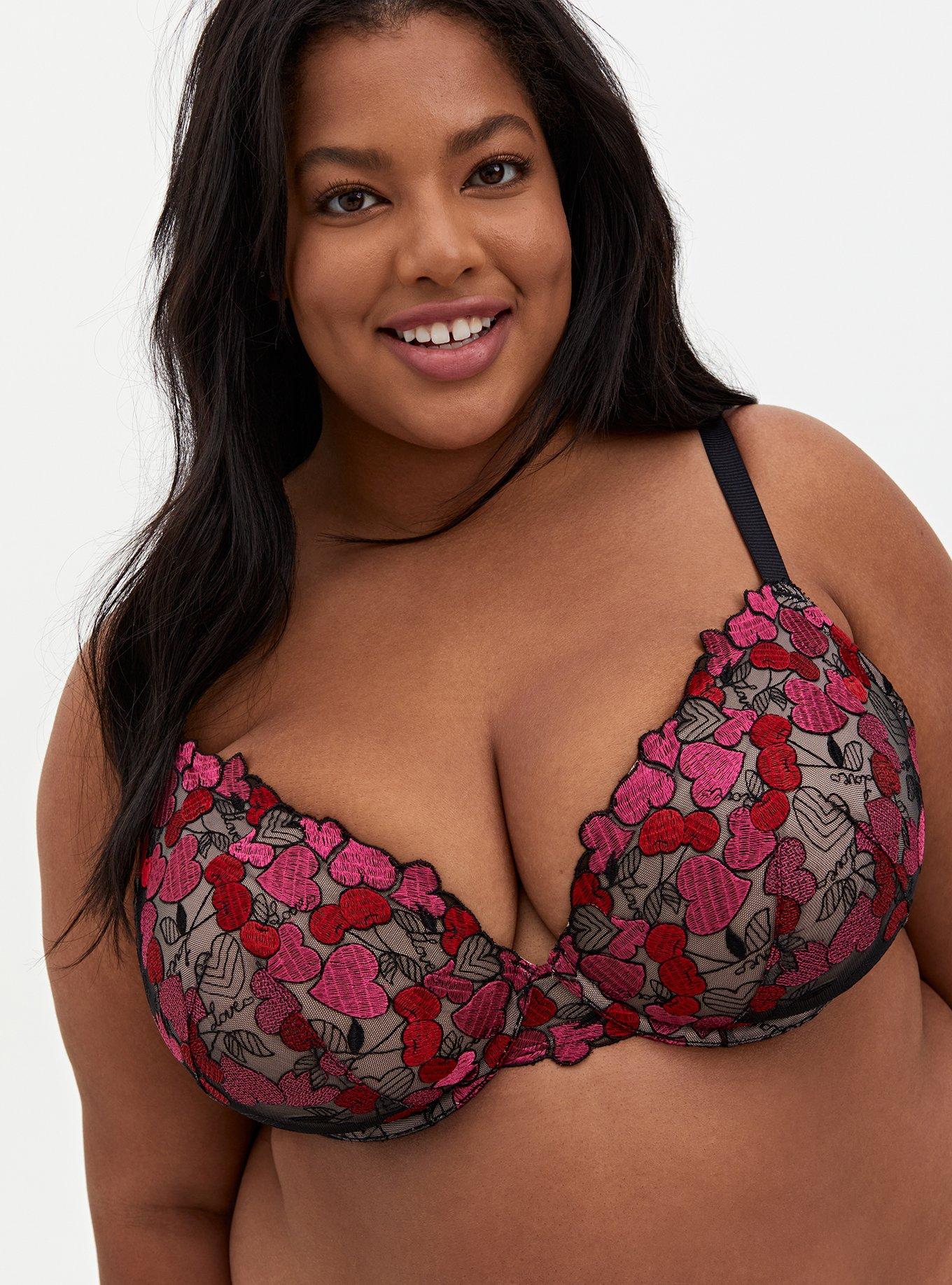 Plus Size - Black Mesh & Red Cherry Heart Embroidered Push-Up
