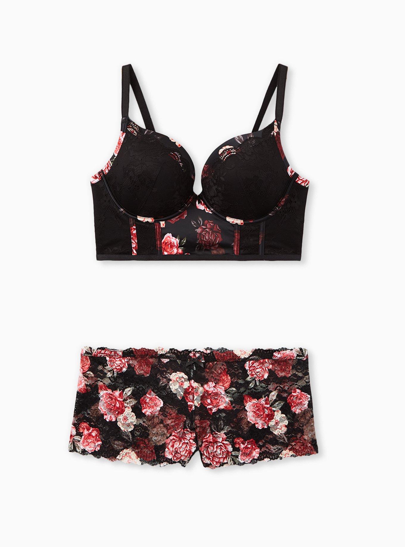 Red Floral Scalloped Edge Lace Longline Bra And Panties Set