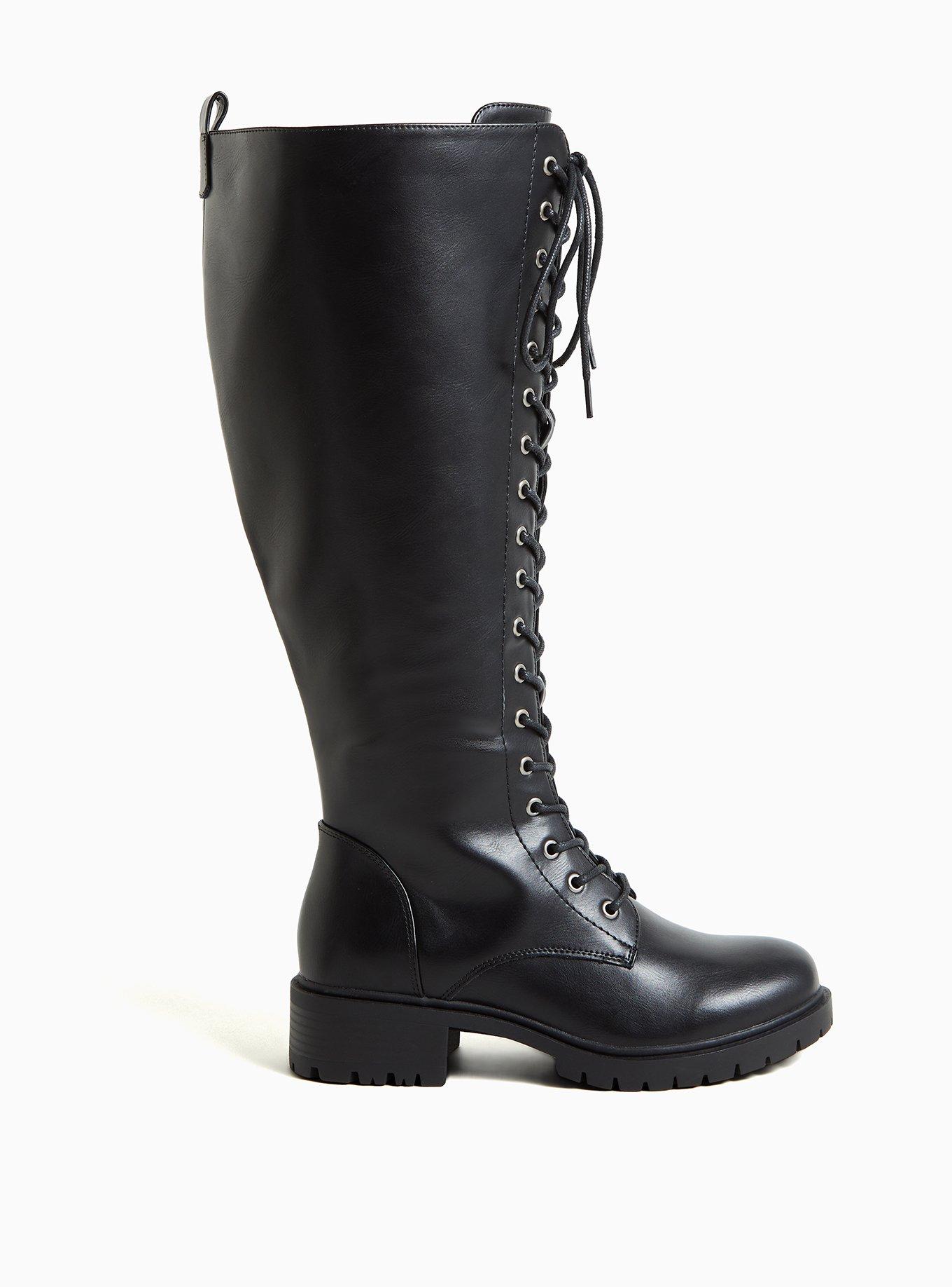 Plus Size - Black Faux Leather Lace-Up Knee-High Combat Boot (WW) - Torrid