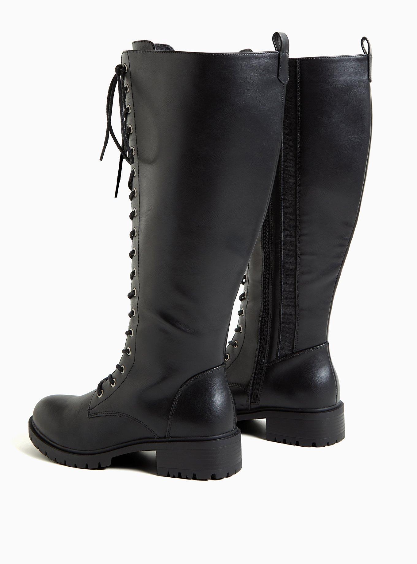 Womens Yours Curve Wide Fit Faux Leather Lace-Up Knee High Boots - Black