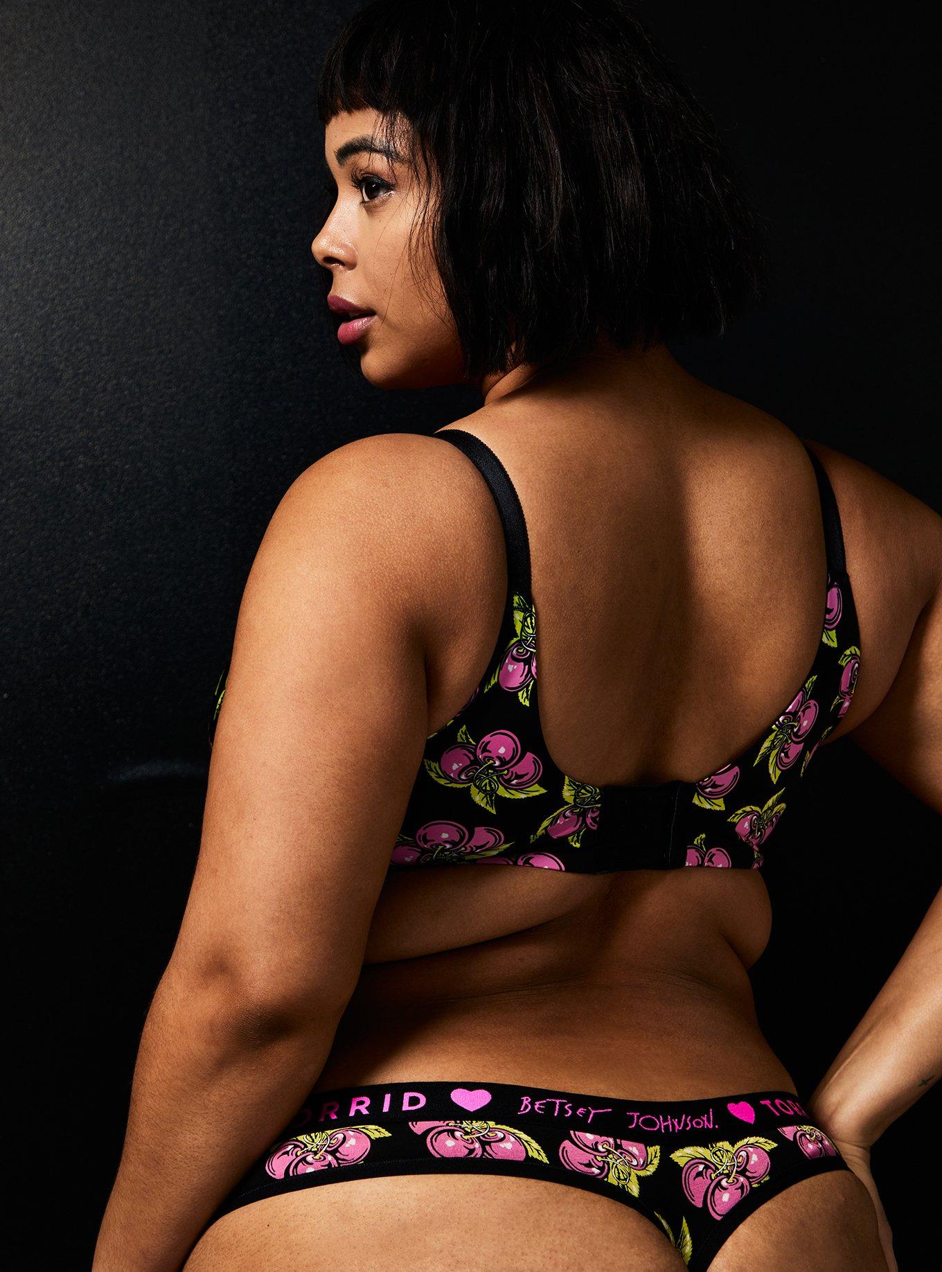 Plus Size Betsey Johnson Logo Black Cherry Cotton Thong Panty , BLACK CHERRY, alternate