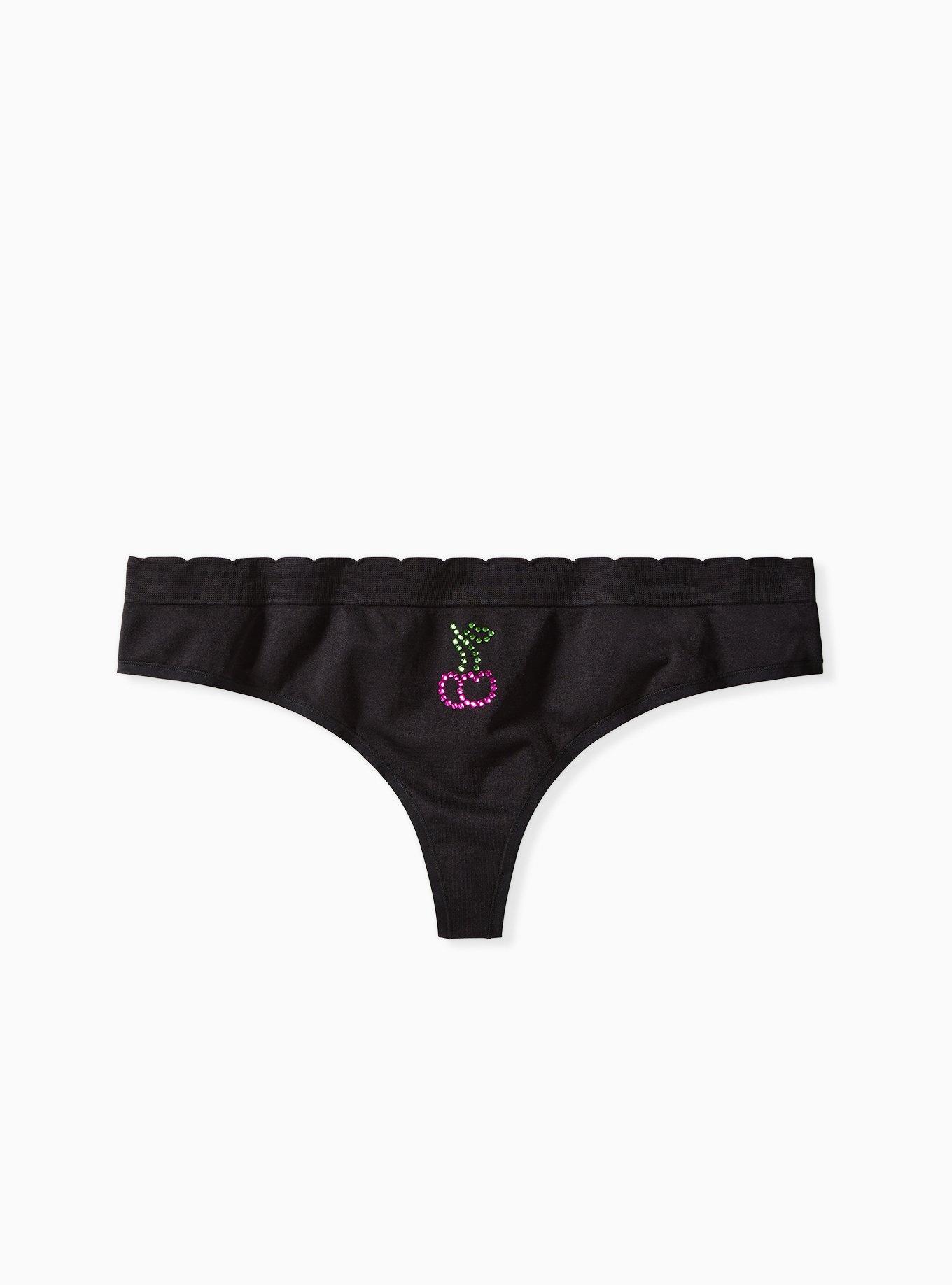 Betsey Johnson Cherry Rhinestone Black Seamless Thong Panty , BLACK CHERRY, hi-res