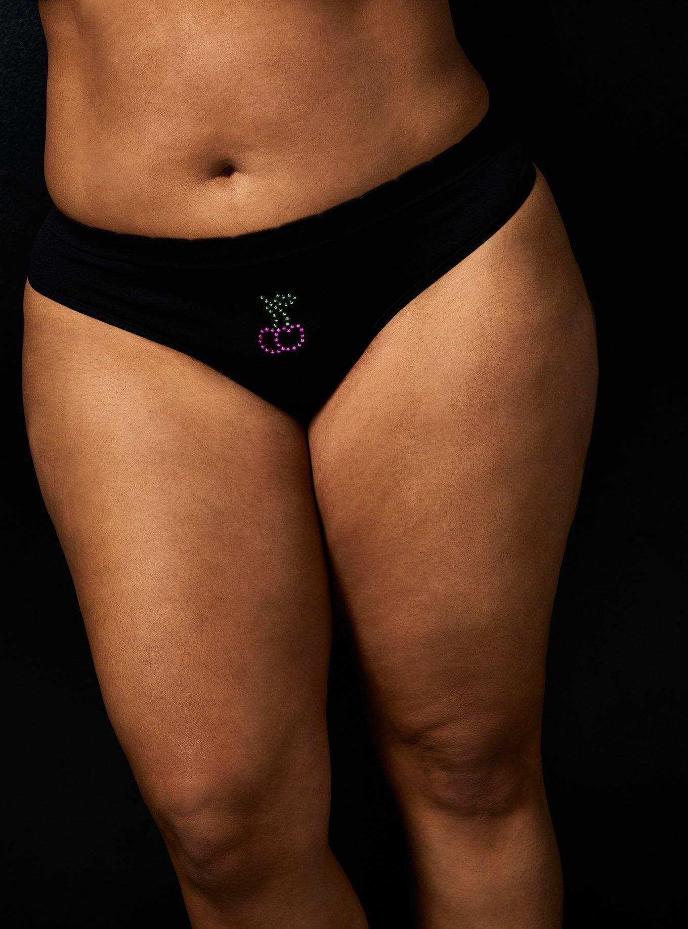 Betsey Johnson Cherry Rhinestone Black Seamless Thong Panty , BLACK CHERRY, hi-res