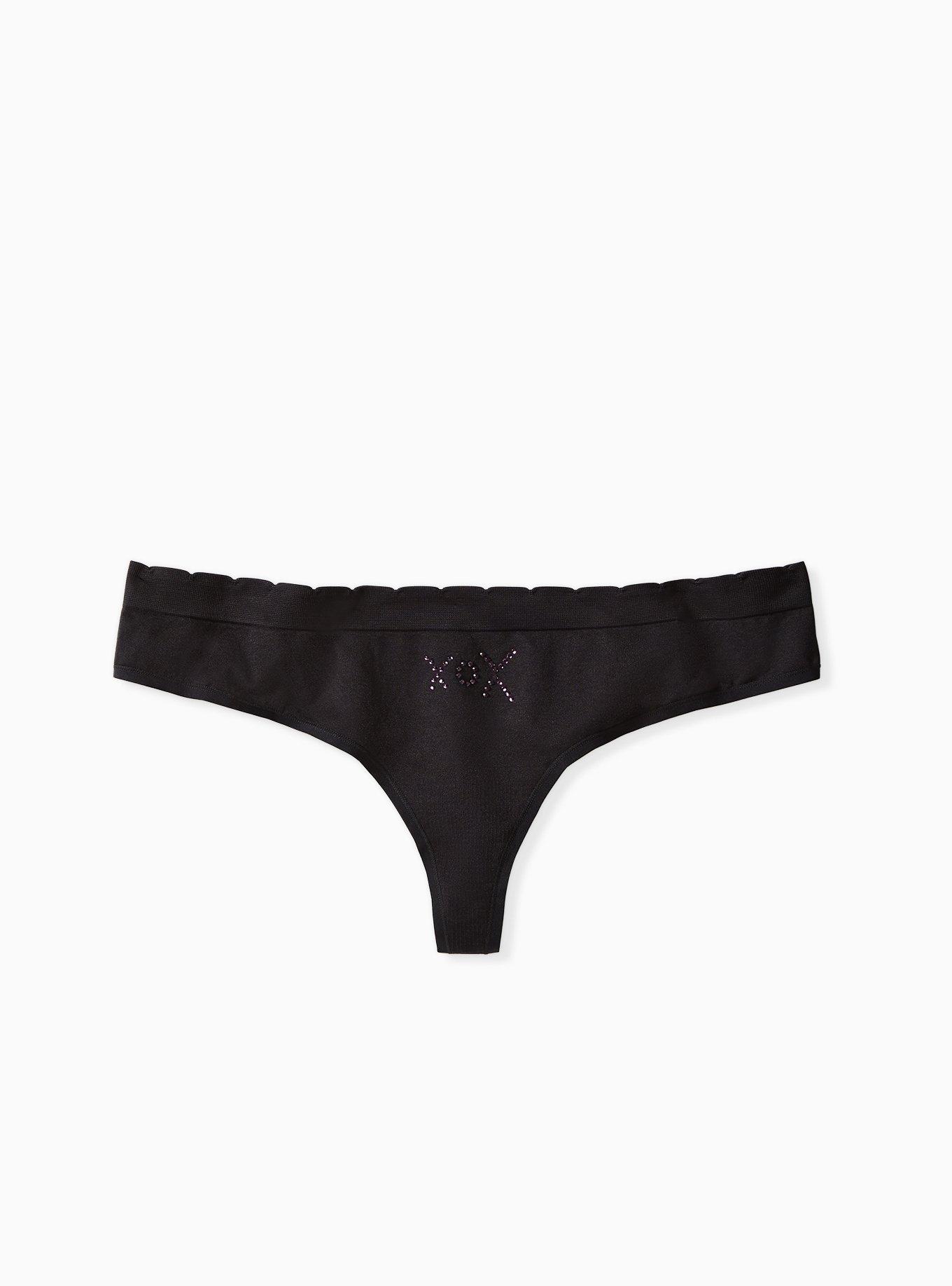 Plus Size Betsey Johnson XOX Rhinestone Black Seamless Thong Panty , , hi-res