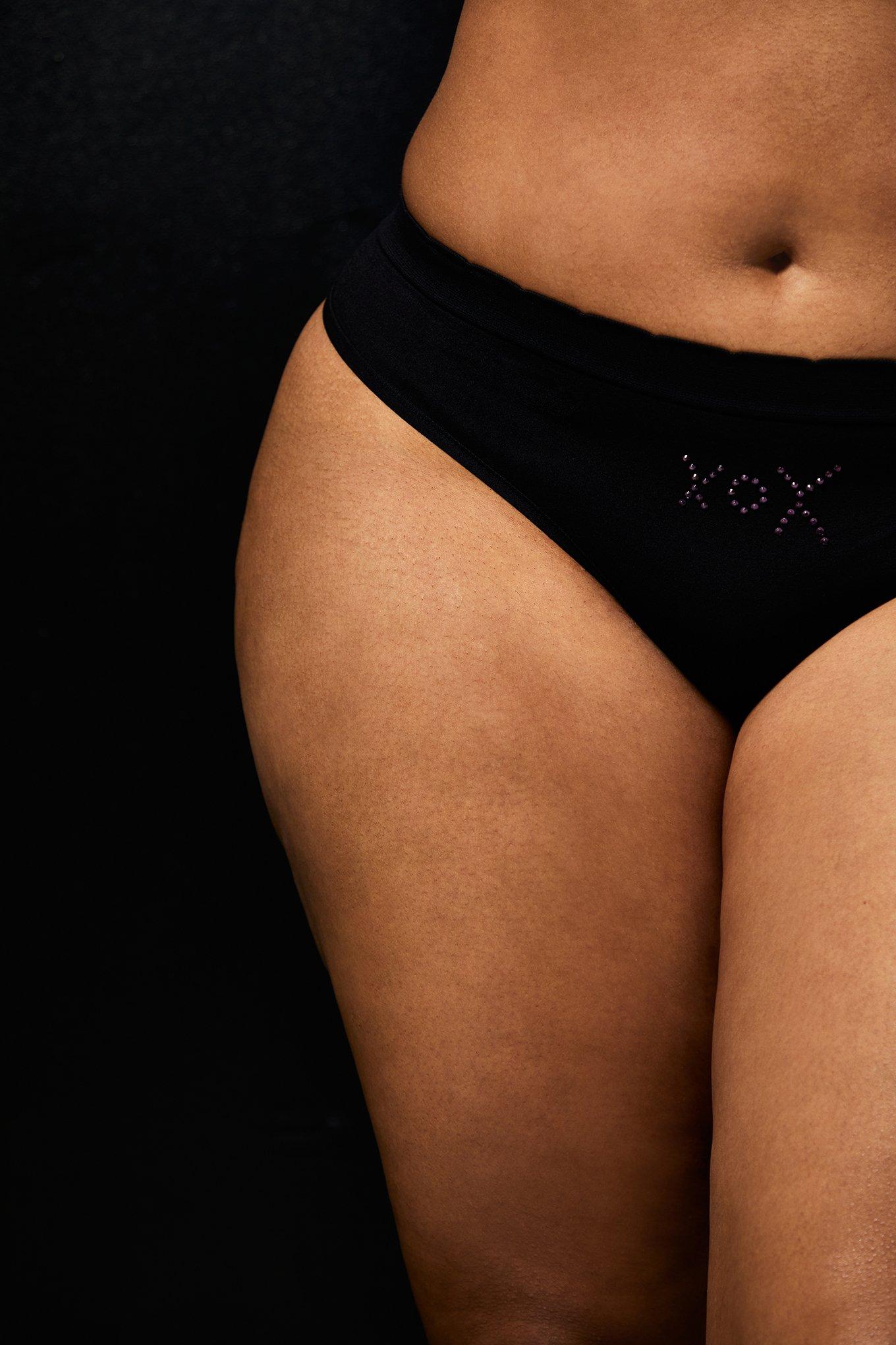 Plus Size Betsey Johnson XOX Rhinestone Black Seamless Thong Panty , , hi-res