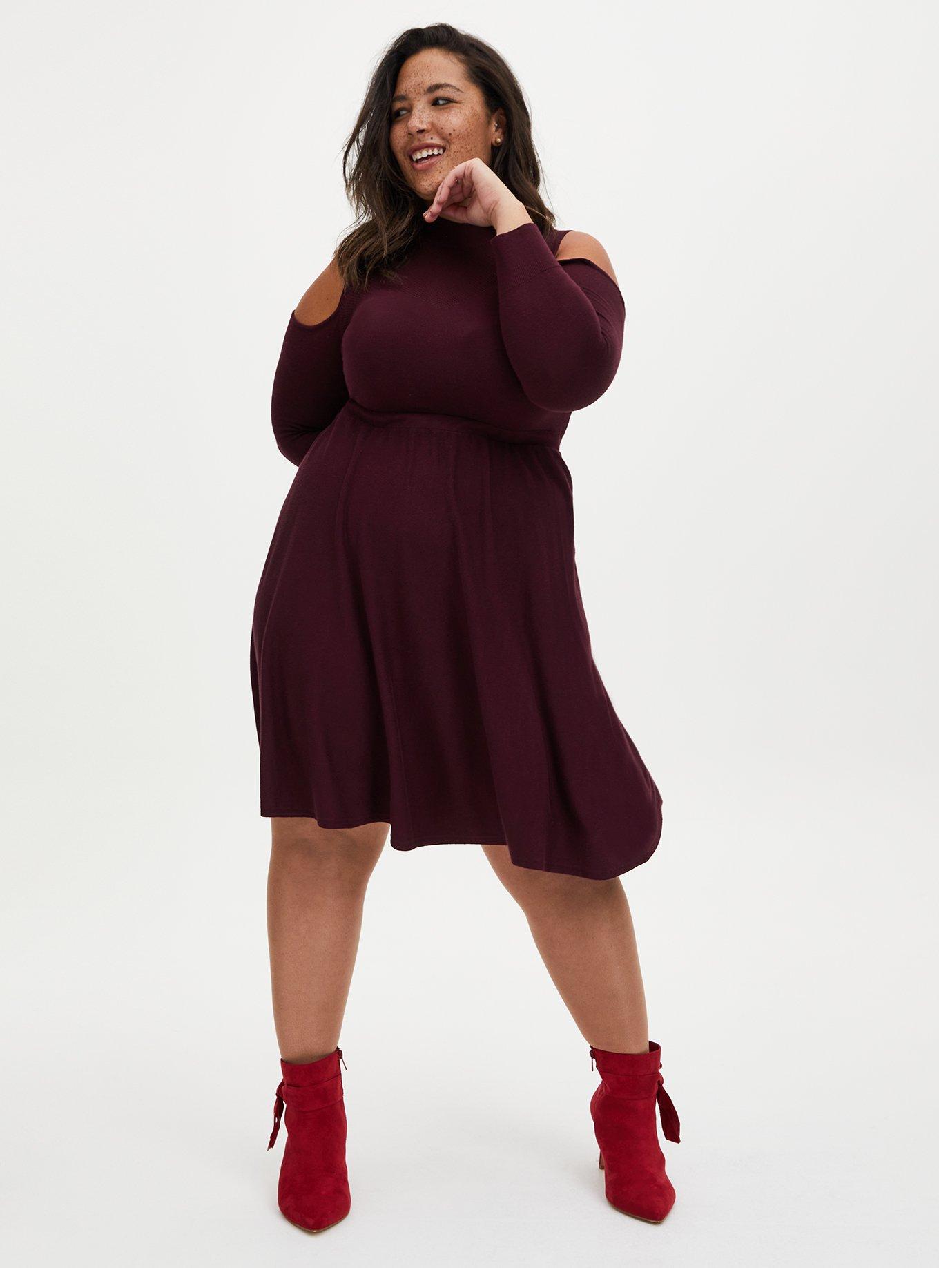 Burgundy Cold Shoulder Mock Neck Sweater Dress, WINETASTING, alternate