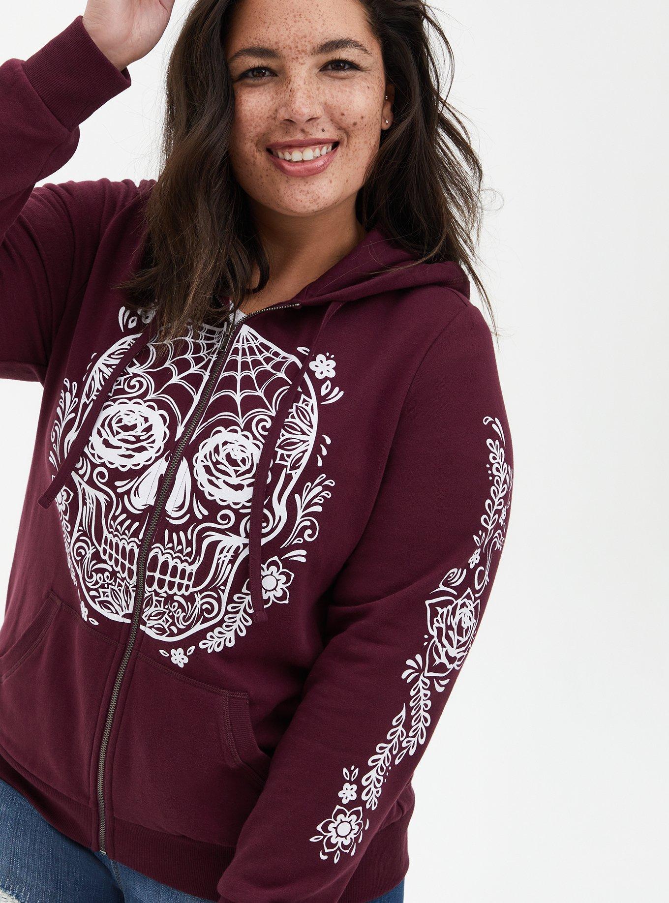 Plus Size Tattoo Skull Burgundy Purple Fleece Zip Hoodie Torrid