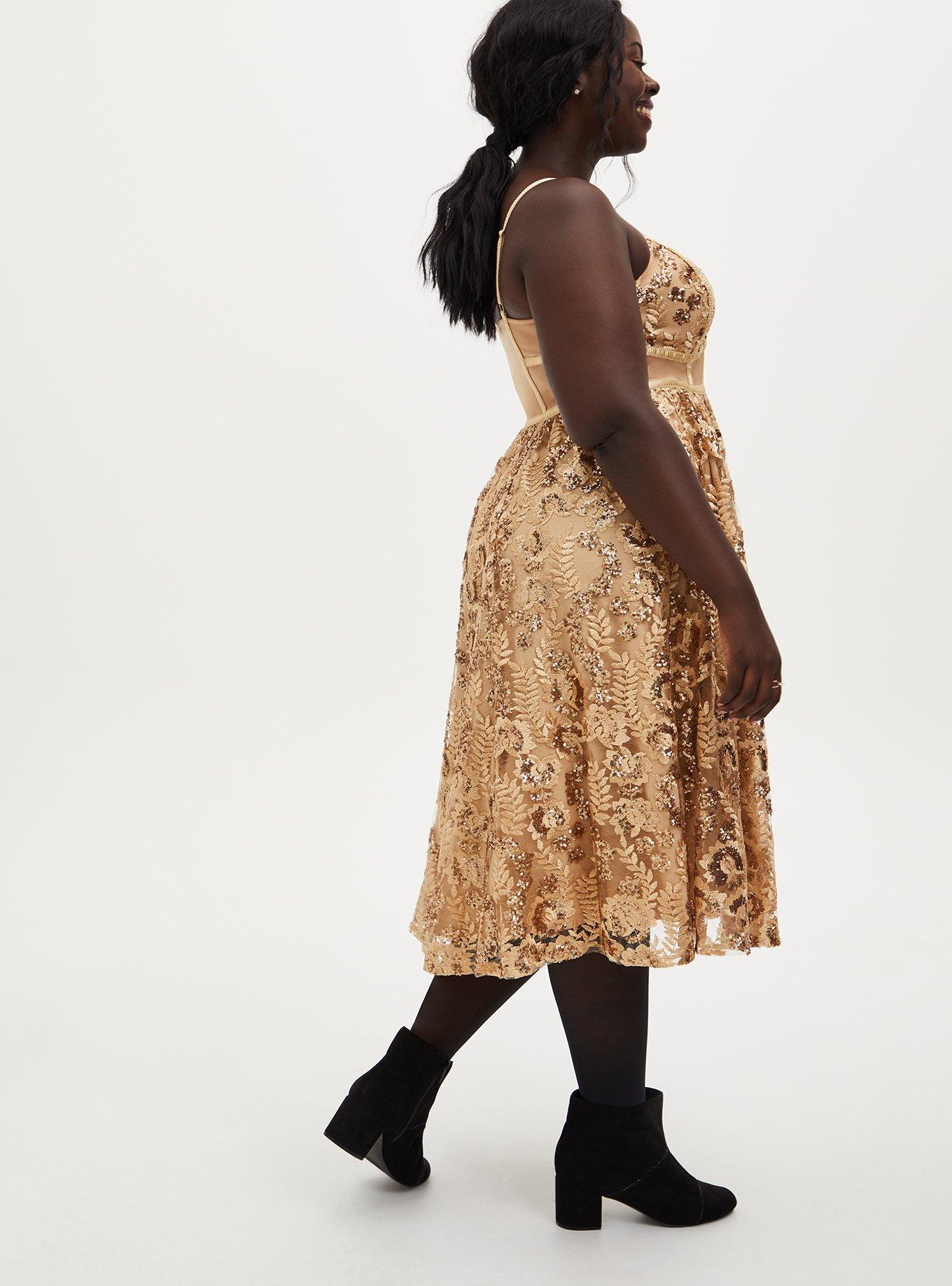 Plus Size - Gold Mesh Embroidery & Sequin Midi Dress - Torrid