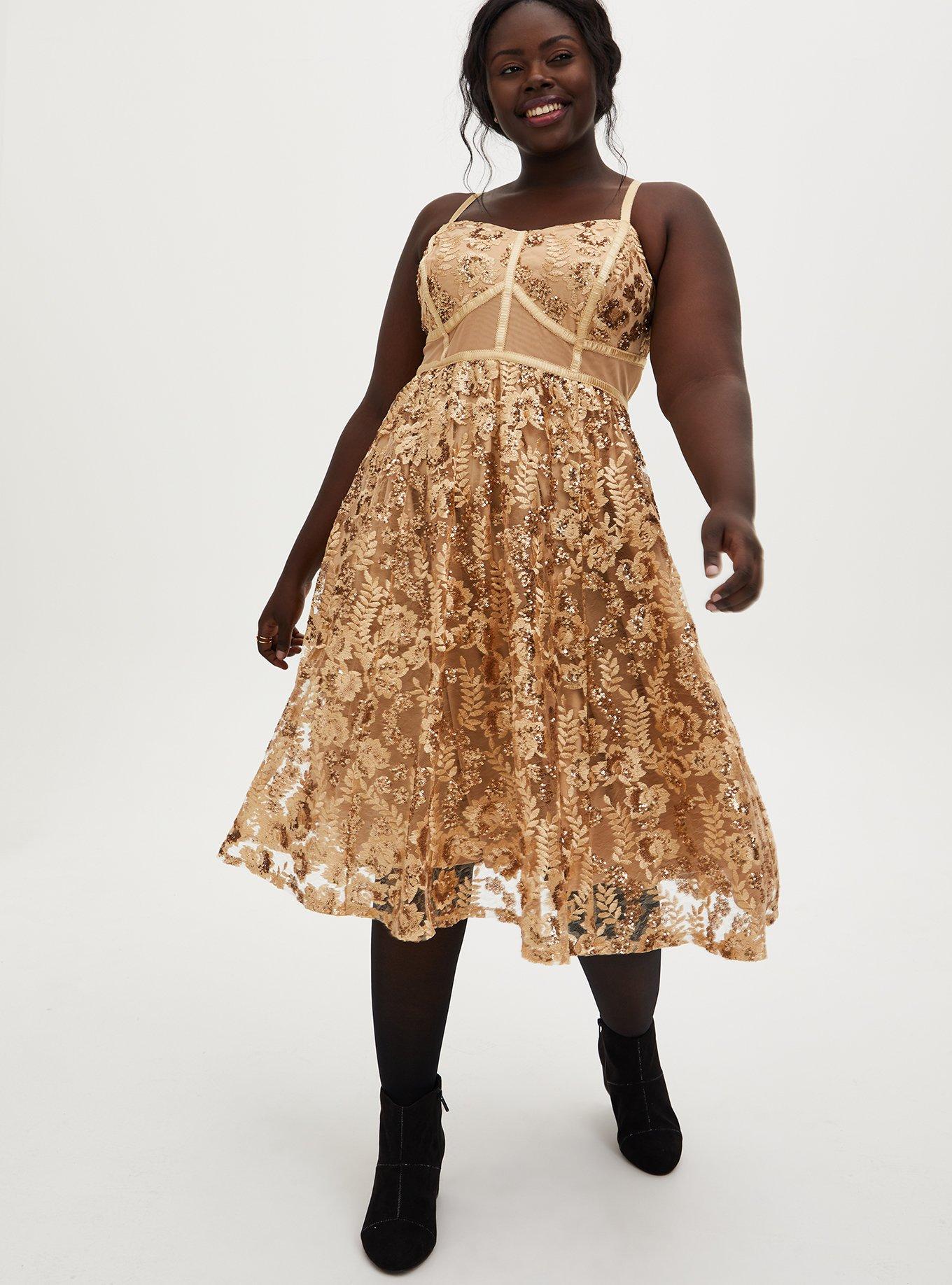 Plus Size Gold Mesh Embroidery Sequin Midi Dress Torrid