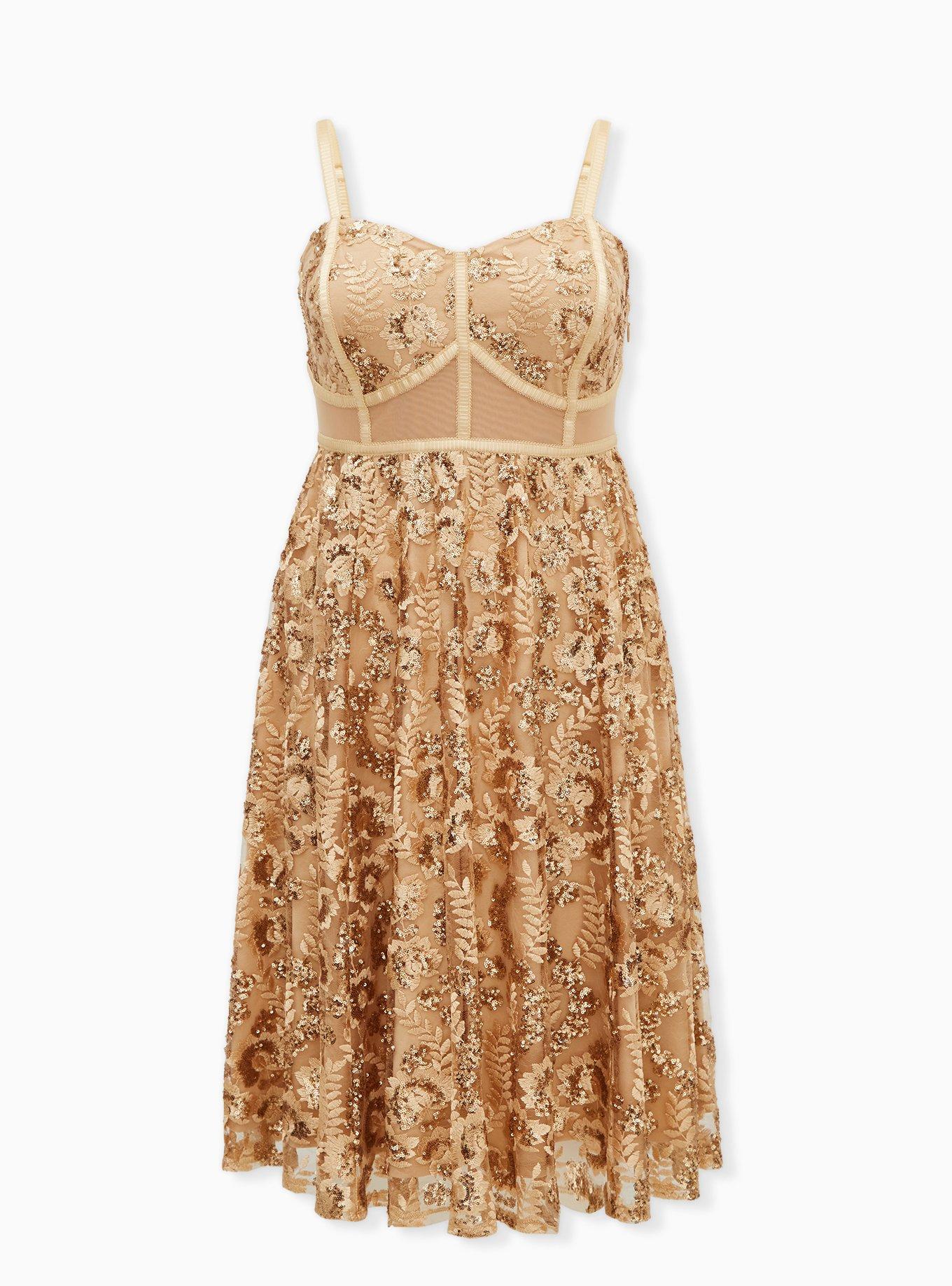 Gold Mesh Embroidery & Sequin Midi Dress, , hi-res