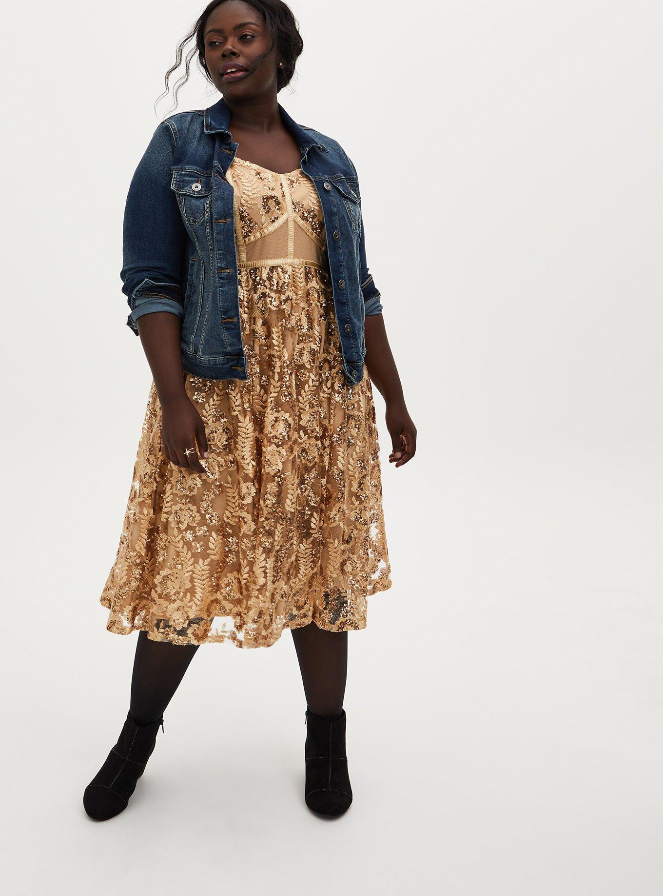 Gold Mesh Embroidery & Sequin Midi Dress, , hi-res