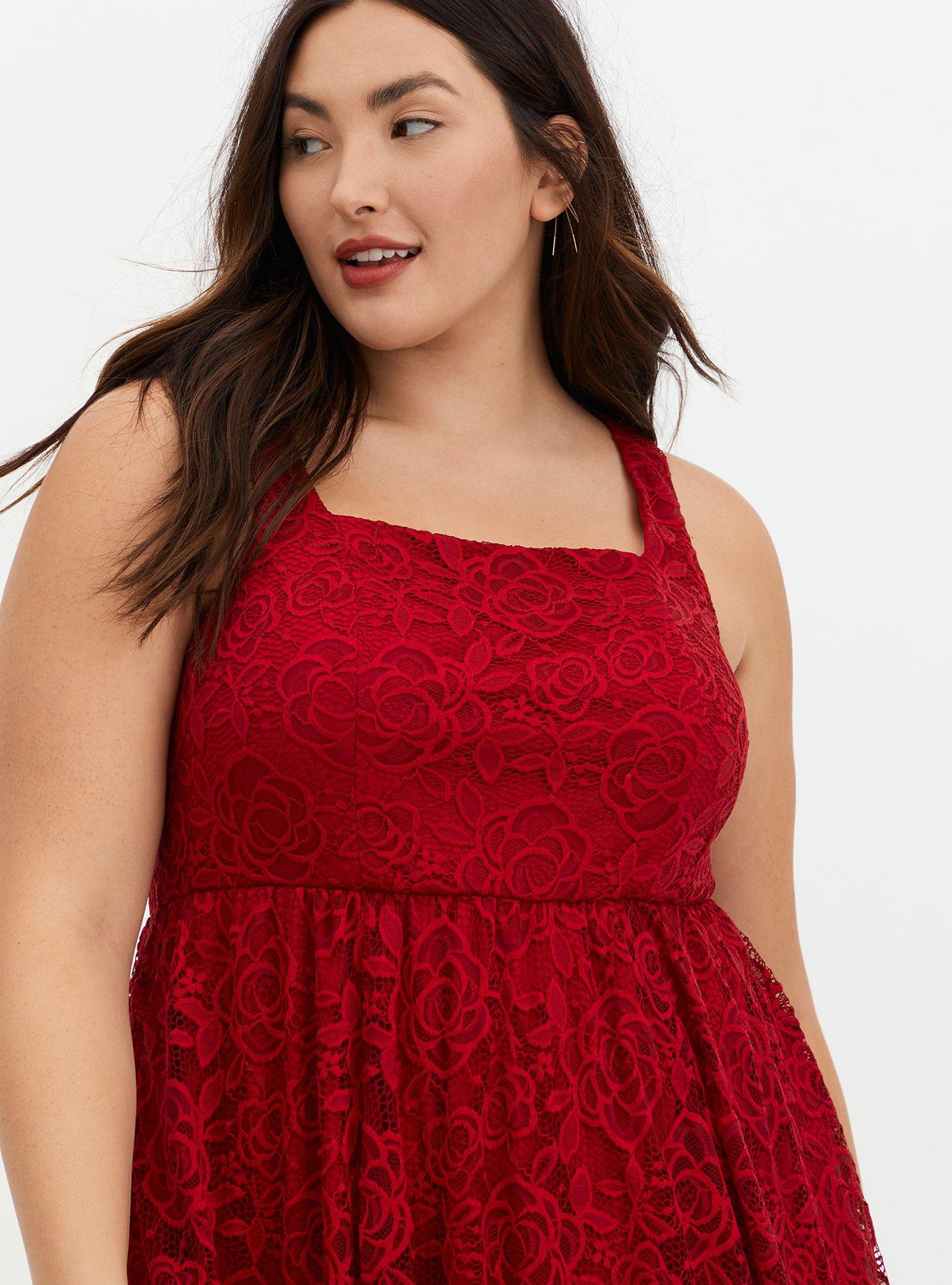 Midi Lace Square Neck Skater Dress, JESTER RED, alternate