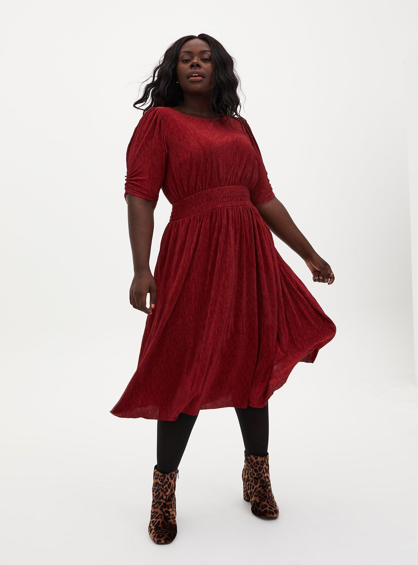 Dark Red Crinkle Knit Midi Dress, BIKING RED, alternate