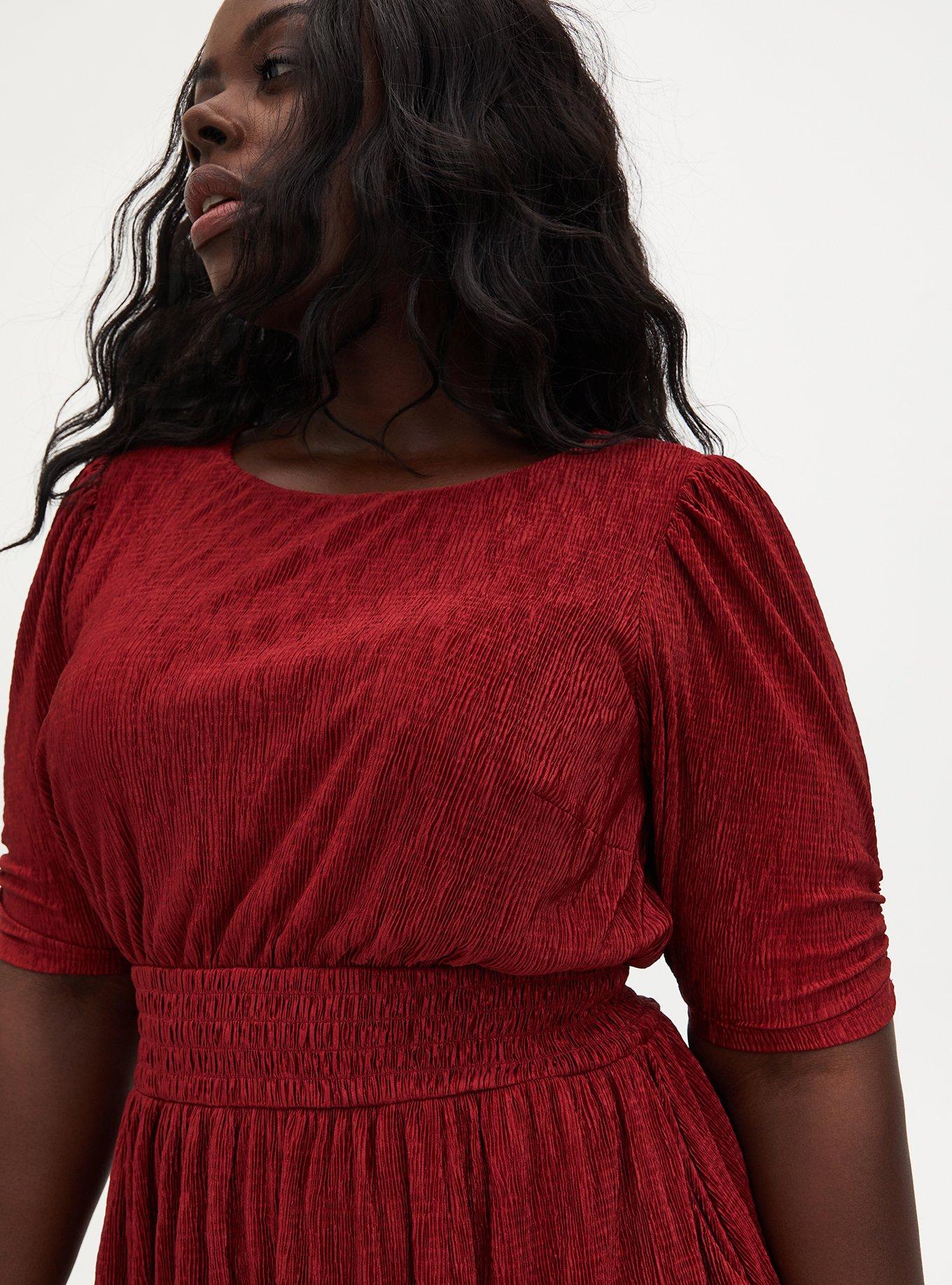 Dark Red Crinkle Knit Midi Dress, BIKING RED, alternate